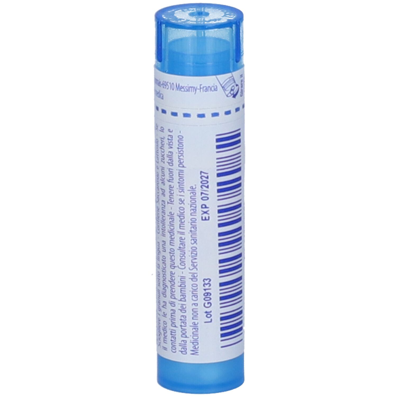 Contenitore cilindrico blu. Scritta: EXP 07/2027. Ulteriori informazioni testuali.