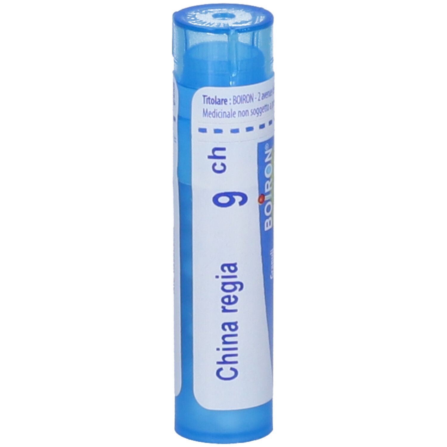 Confezione cilindrica blu. Scritta: China regia 9 ch, BOIRON, Granuli.