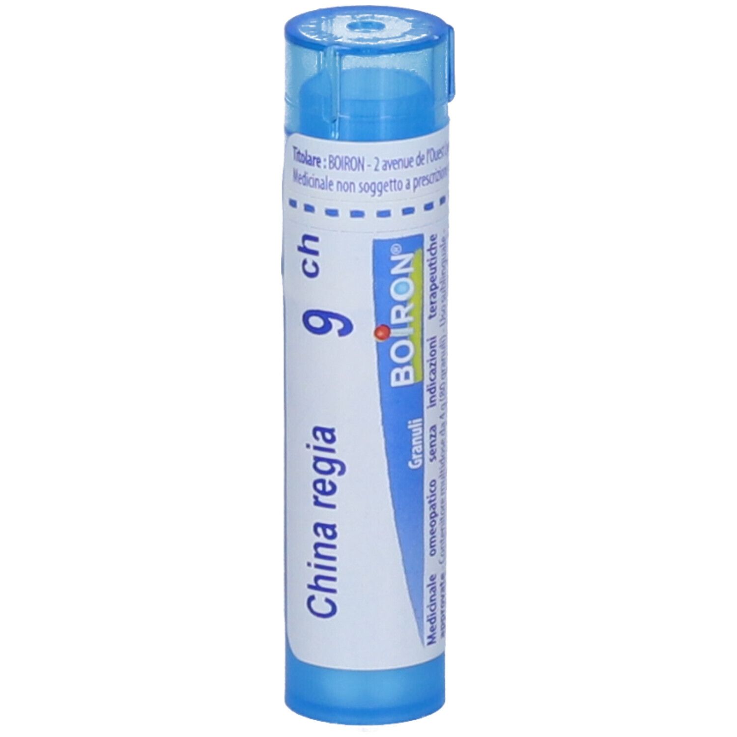 Confezione cilindrica blu. Scritta: China regia 9 ch, BOIRON, Granuli.