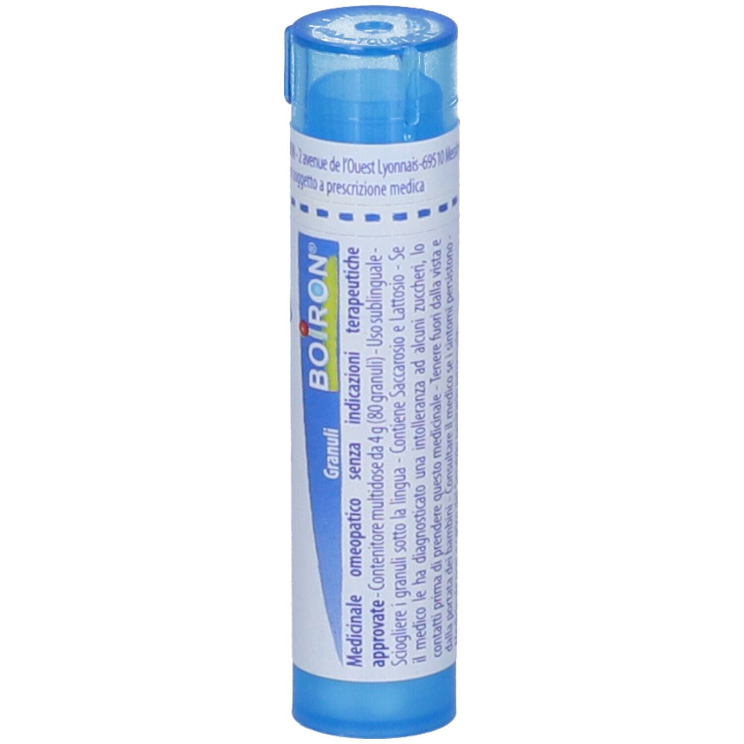 Confezione cilindrica blu. Scritta: BOIRON, Granuli, indicazioni terapeutiche.