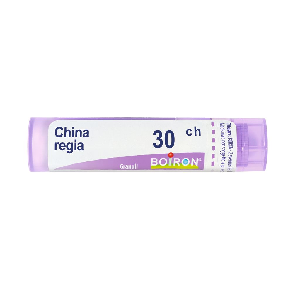 Tubetto lilla con scritte bianche. Contiene granuli. Marchio BOIRON. Scritta: China regia 30 ch.