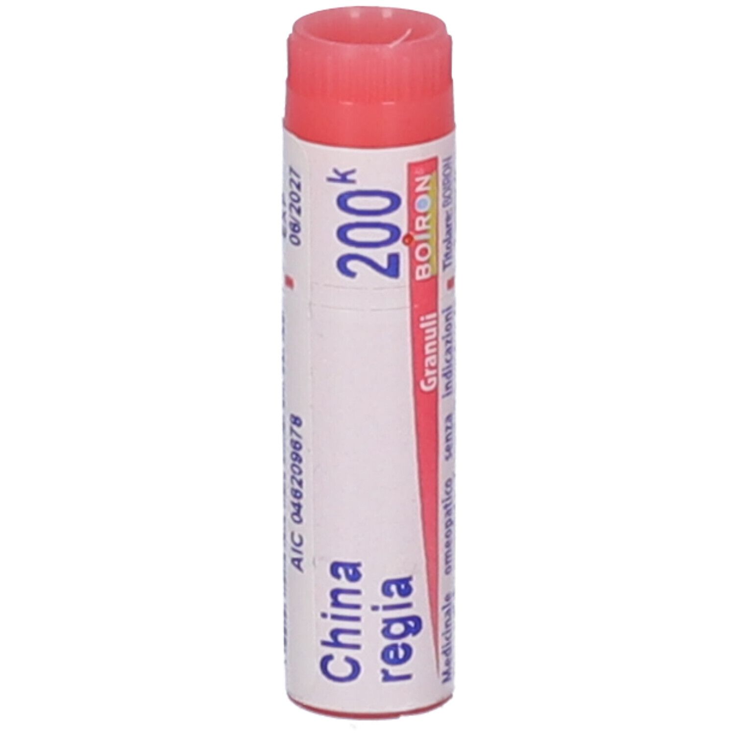 Contenitore cilindrico, tappo rosso. Scritta: China regia, 200k, BOIRON, scadenza 08/2027.
