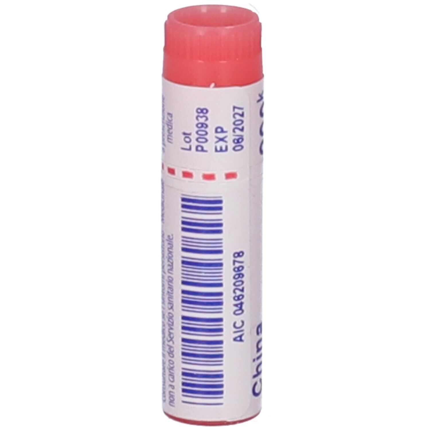 Contenitore cilindrico, tappo rosso. Scritta: China regia, 200k, BOIRON, scadenza 08/2027.
