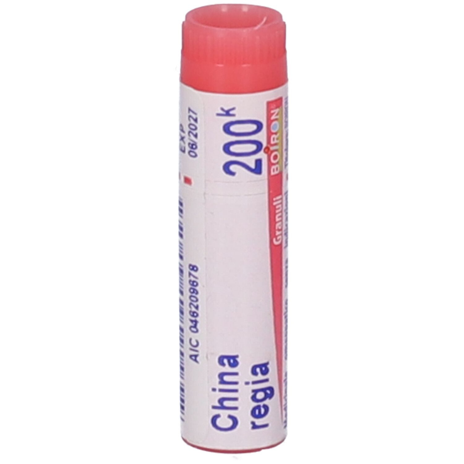 Contenitore cilindrico, tappo rosso. Scritta: China regia, 200k, BOIRON, scadenza 08/2027.