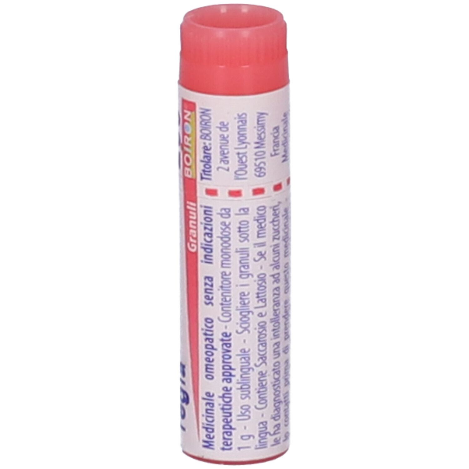 Contenitore cilindrico, tappo rosso. Scritta: China regia, 200k, BOIRON, scadenza 08/2027.