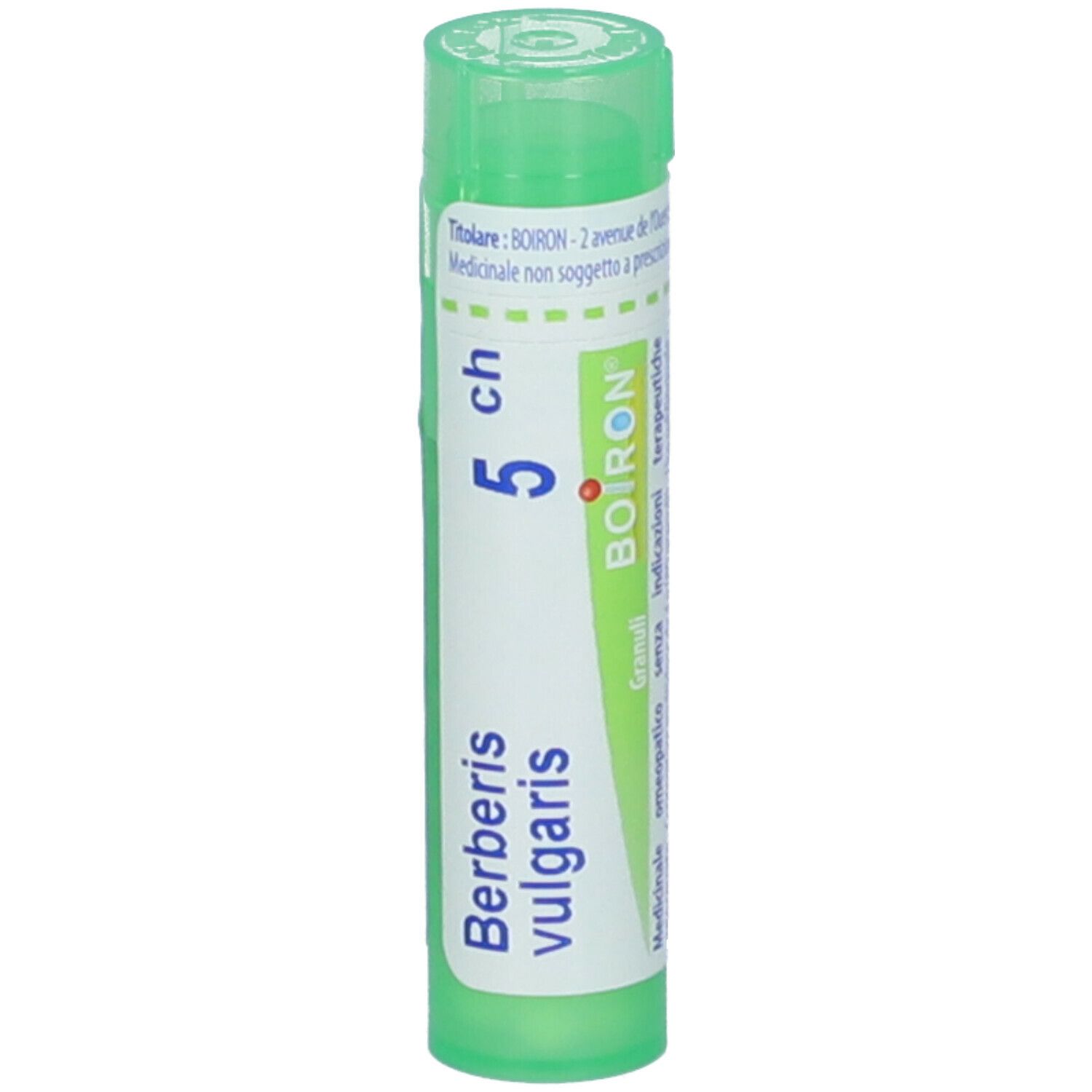 Tubo verde con etichetta bianca. Scritta: Berberis vulgaris, 5 ch, BOIRON. Con ulteriori informazioni.