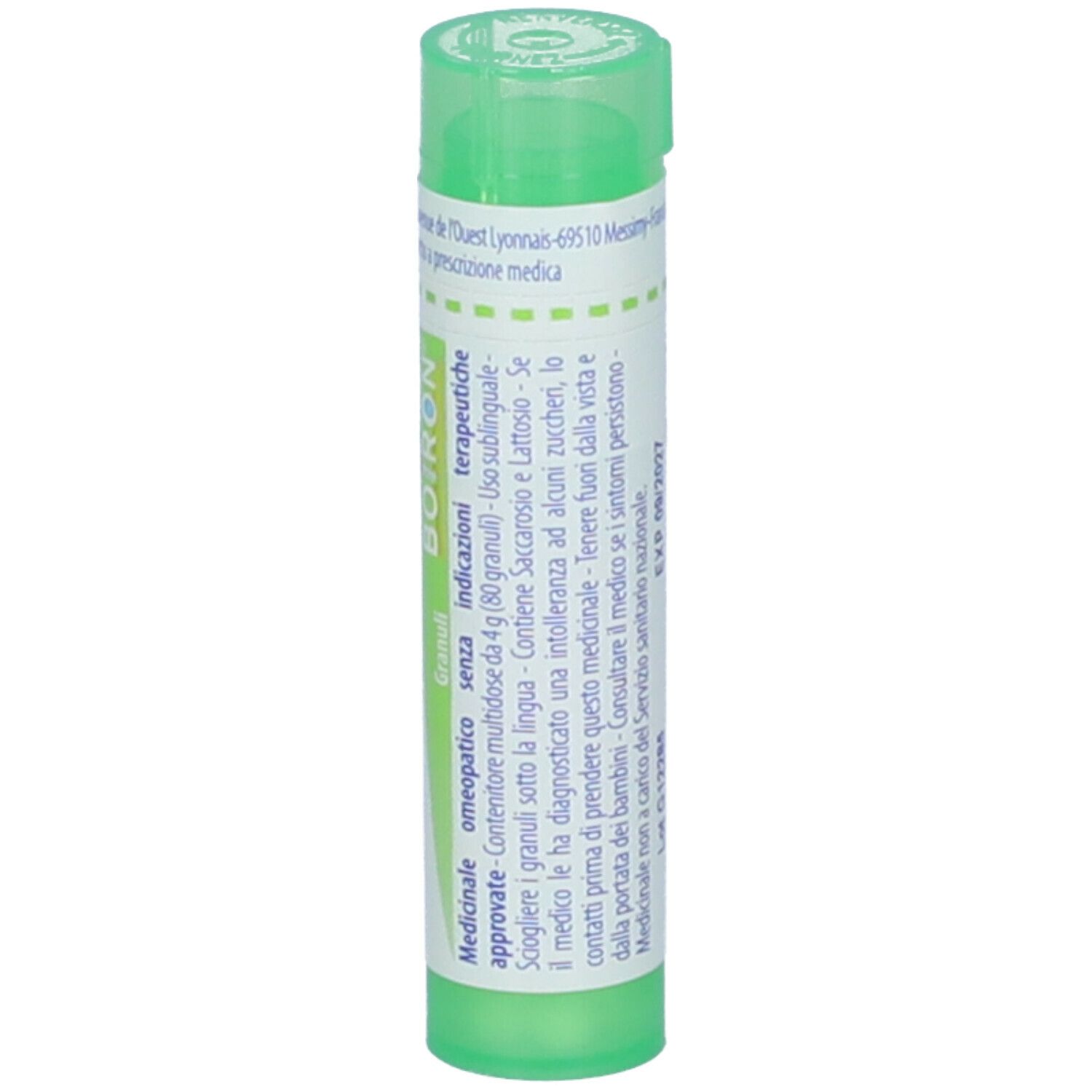 Tubo verde con etichetta bianca. Scritta: Berberis vulgaris, 5 ch, BOIRON. Con ulteriori informazioni.