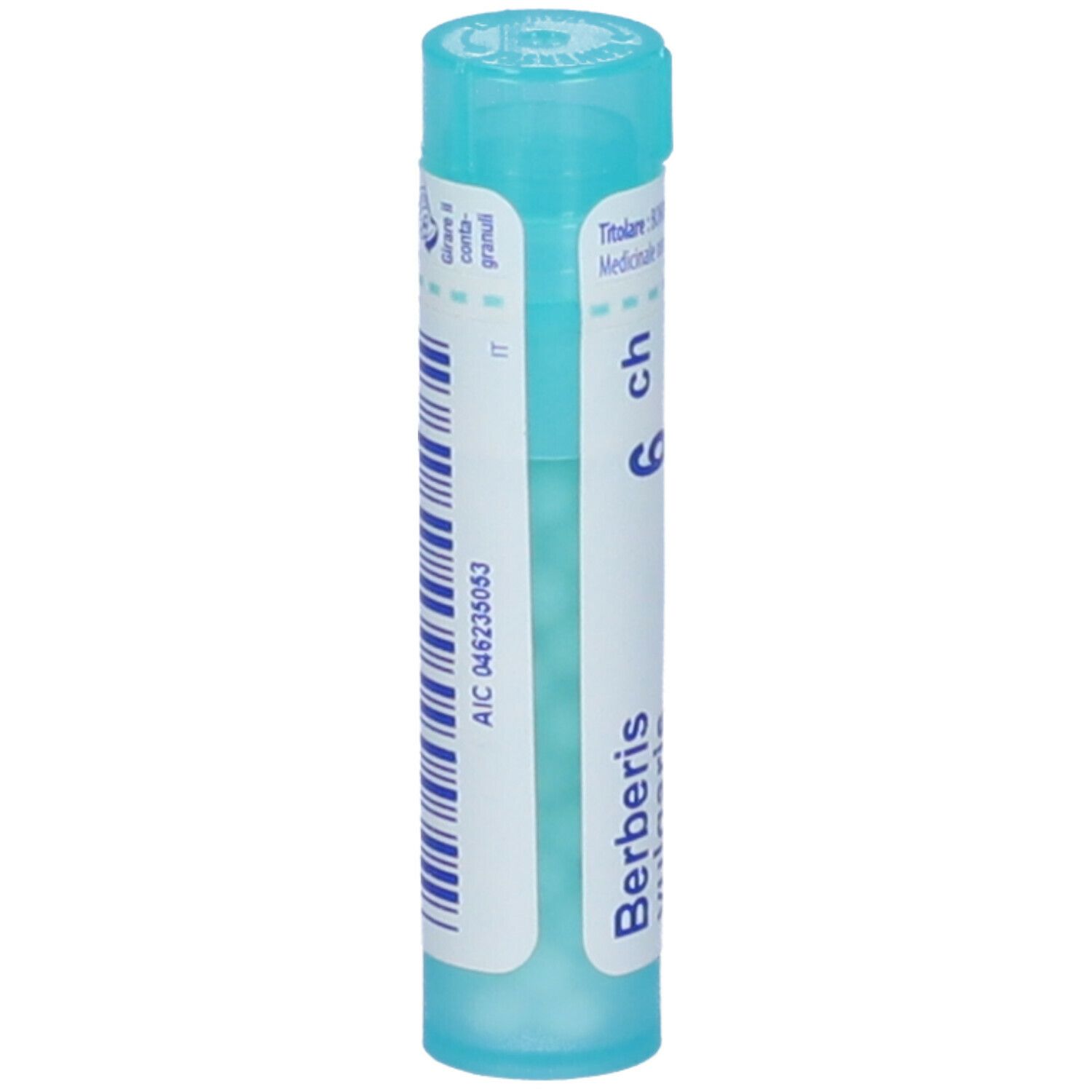 Confezione cilindrica con 'Berberis' e '6 ch'. Tappo blu. Etichetta con codice a barre e IT.