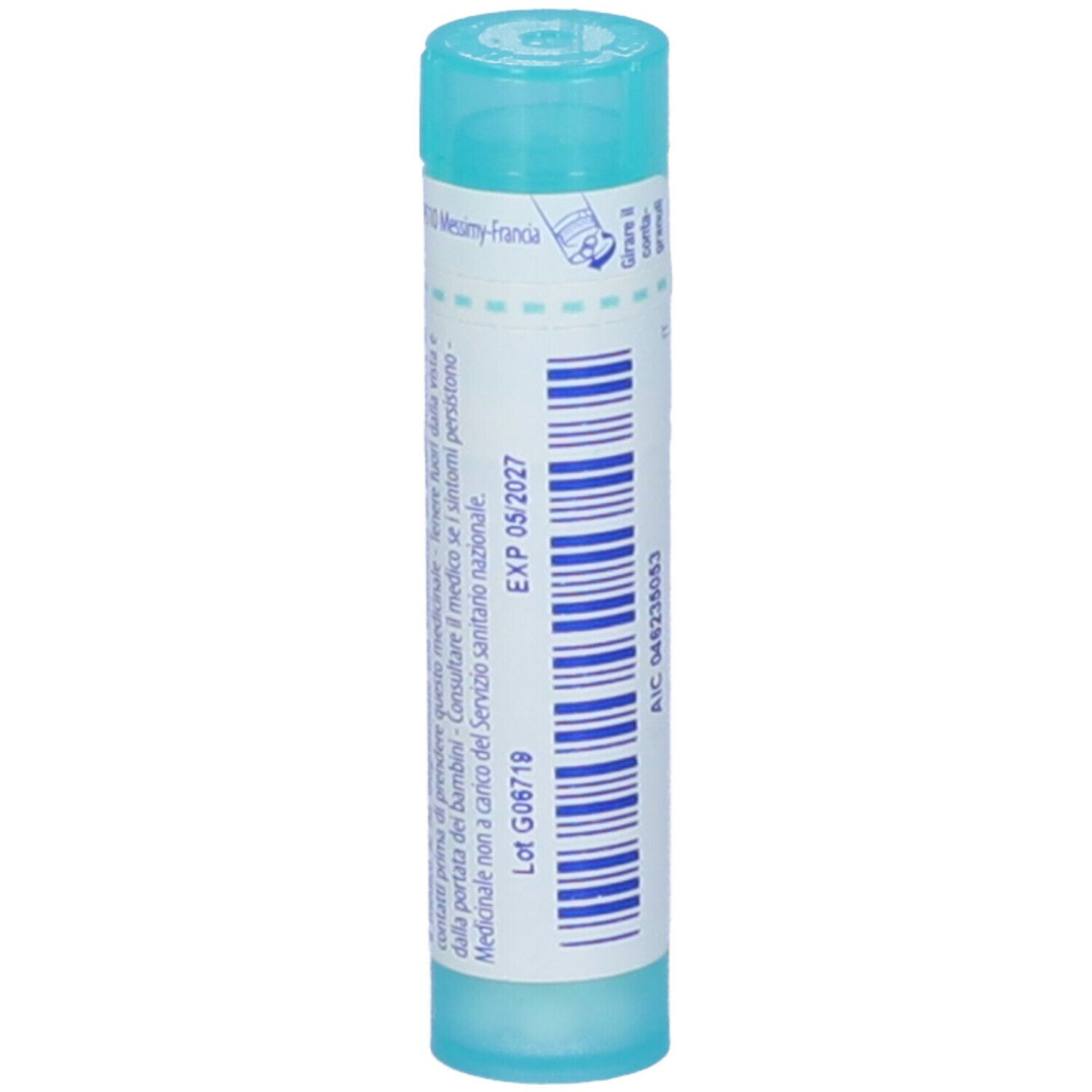 Confezione cilindrica con 'Berberis' e '6 ch'. Tappo blu. Etichetta con data di scadenza.