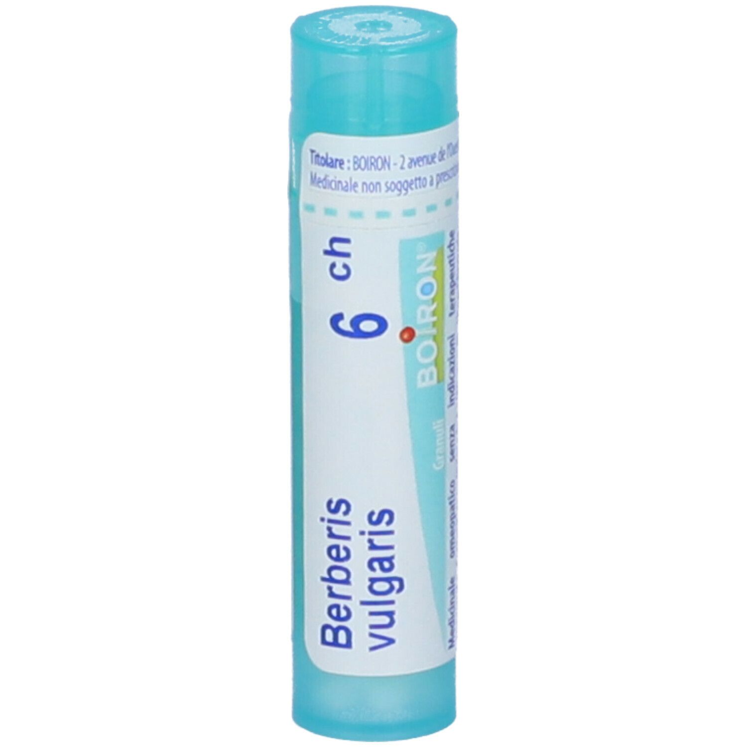 Confezione cilindrica con 'Berberis vulgaris' e '6 ch'. Marchio BOIRON. Tappo blu.