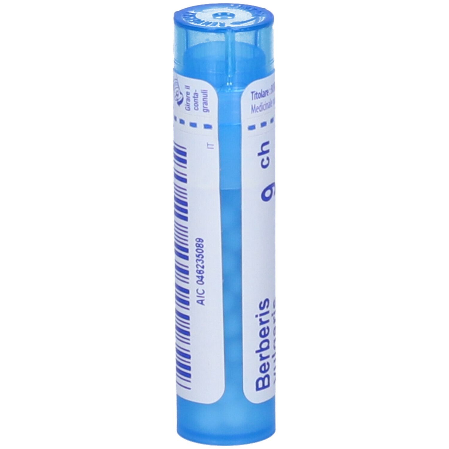 Tubo blu con etichetta bianca. Scritta Berberis, 9 ch. Codice AIC e altre informazioni.