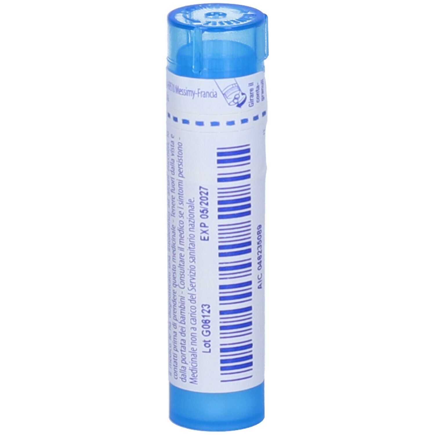 Tubo blu con etichetta bianca. Scritta, EXP 05/2027. Codice lotto G06123. Altre informazioni.