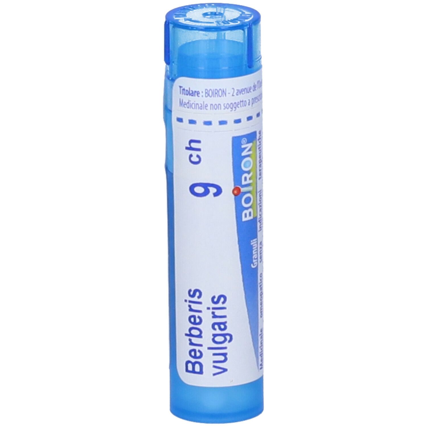 Tubo blu con etichetta bianca. Scritta Berberis vulgaris, 9 ch e logo BOIRON. Granuli.