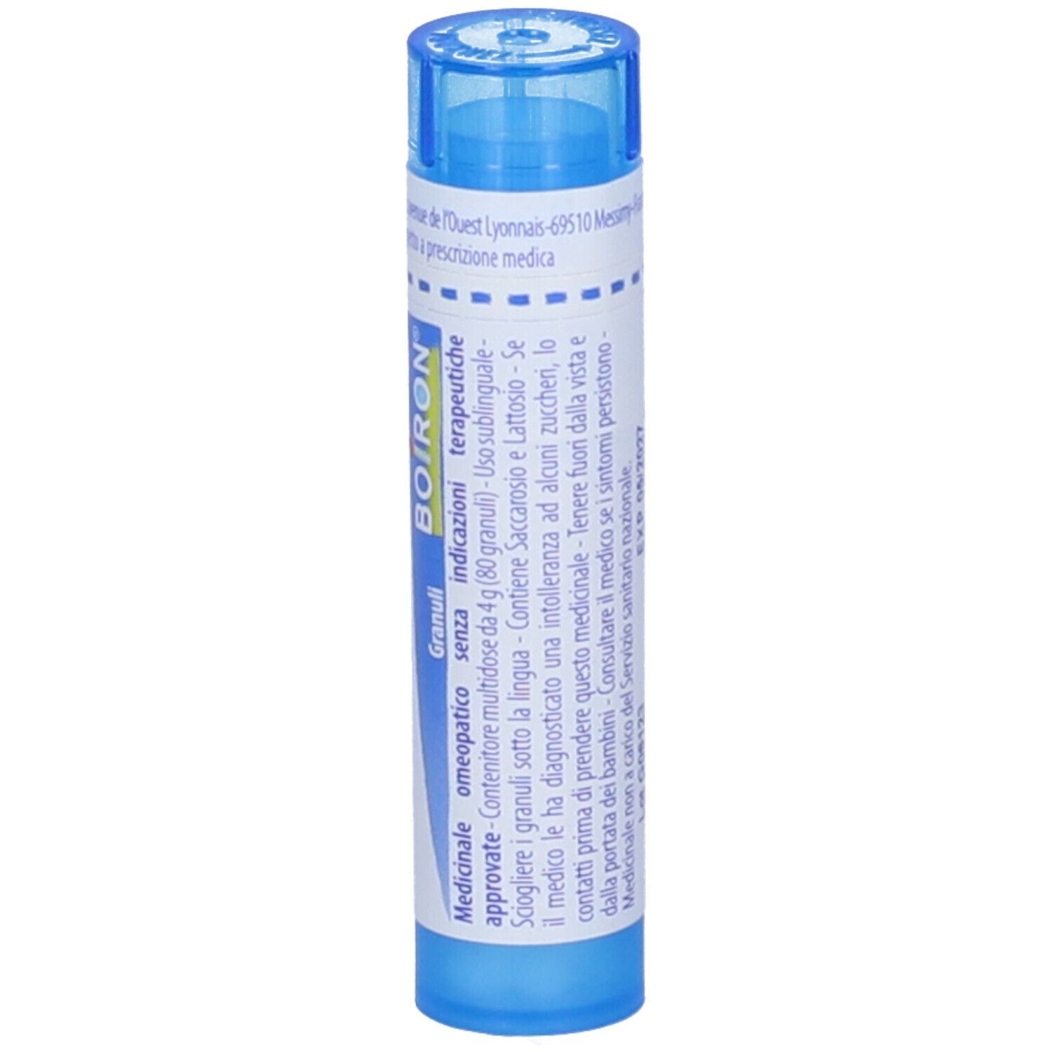 Tubo blu con etichetta bianca. Scritta BOIRON, Granuli. Altre informazioni.