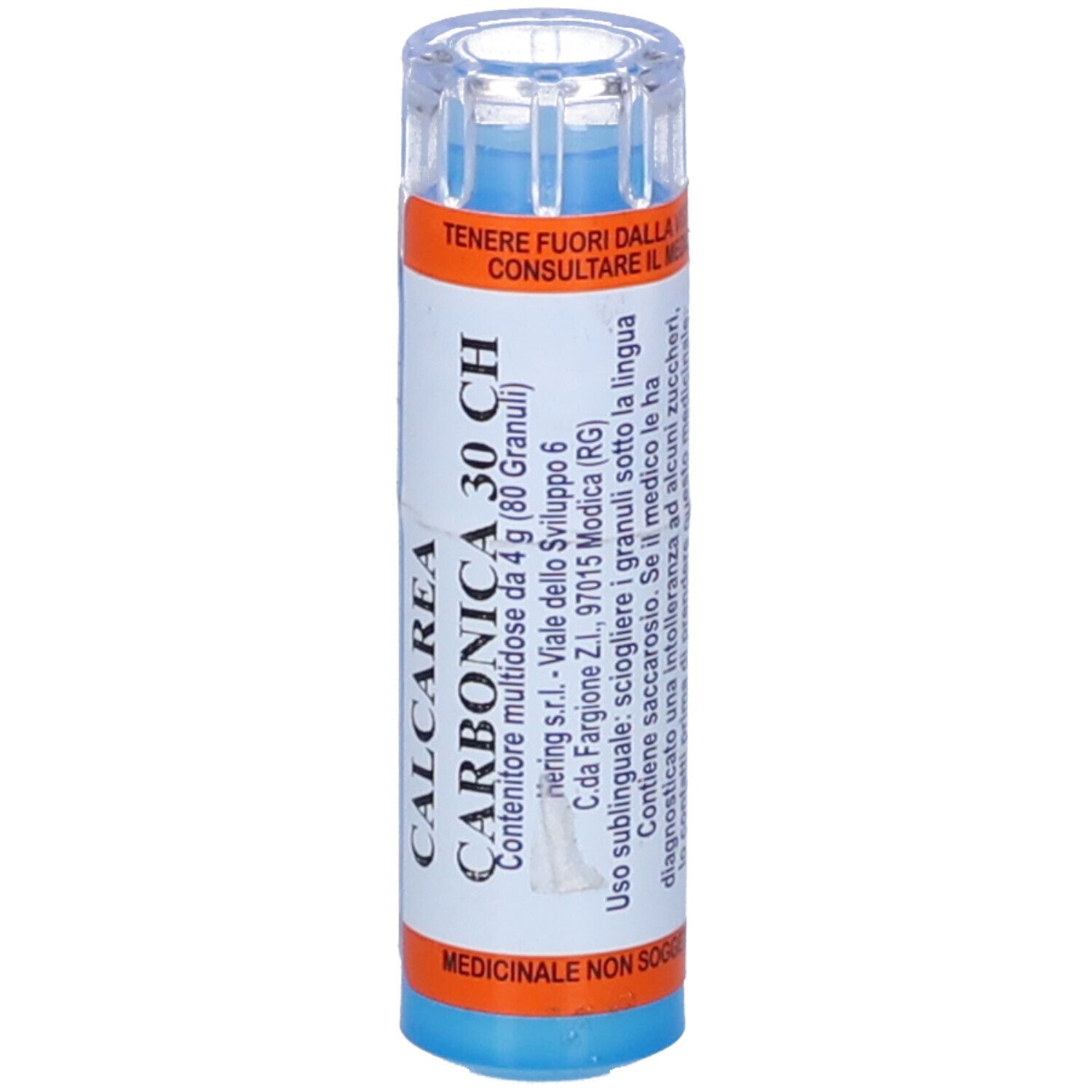 Flacone blu e bianco con CALCAREA CARBONICA 30 CH. Tappo trasparente. Etichette arancioni e blu.