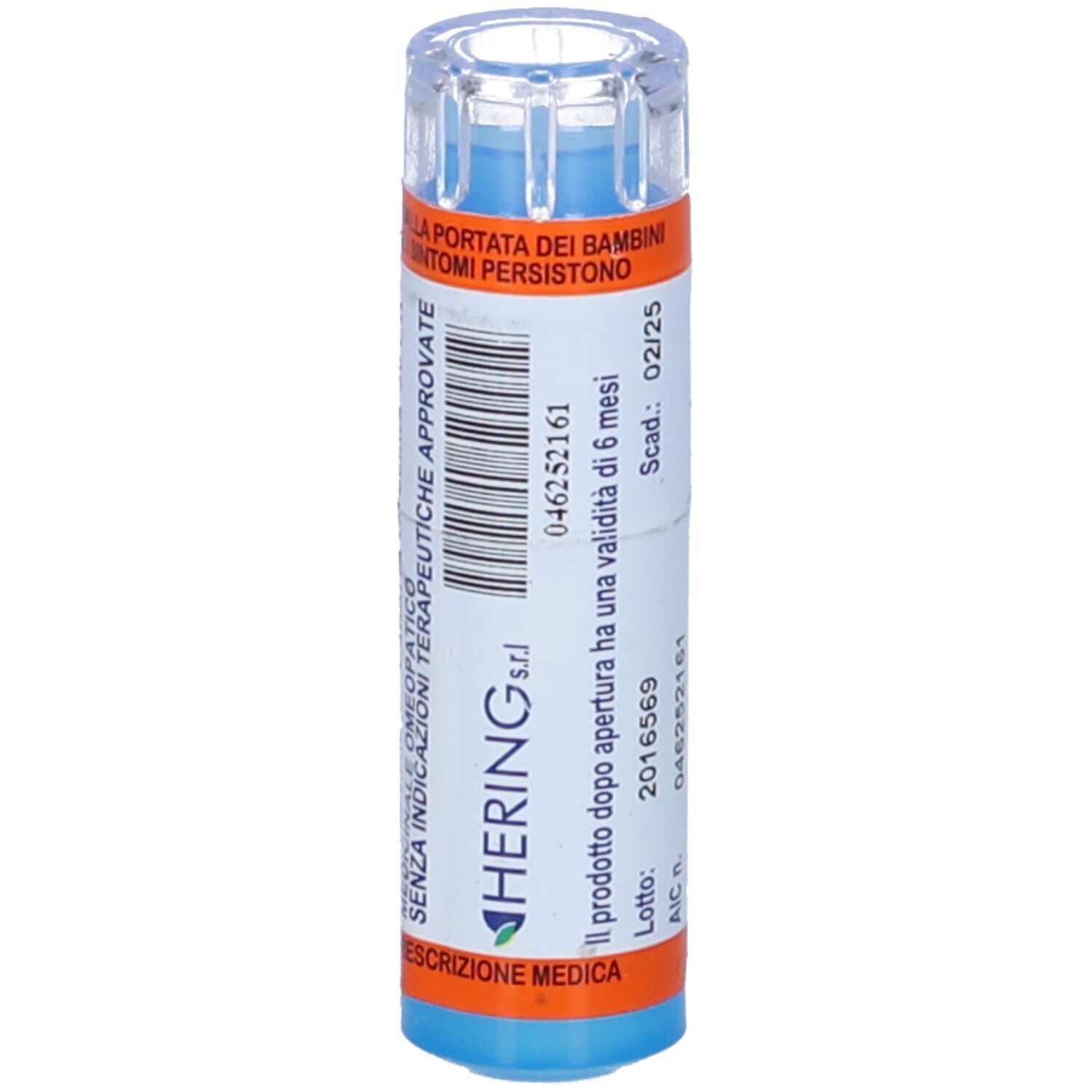 Flacone blu con etichetta bianca. HERING s.r.l. e CALCAREA CARBONICA 30 CH. Strisce arancioni. Tappo trasparente.