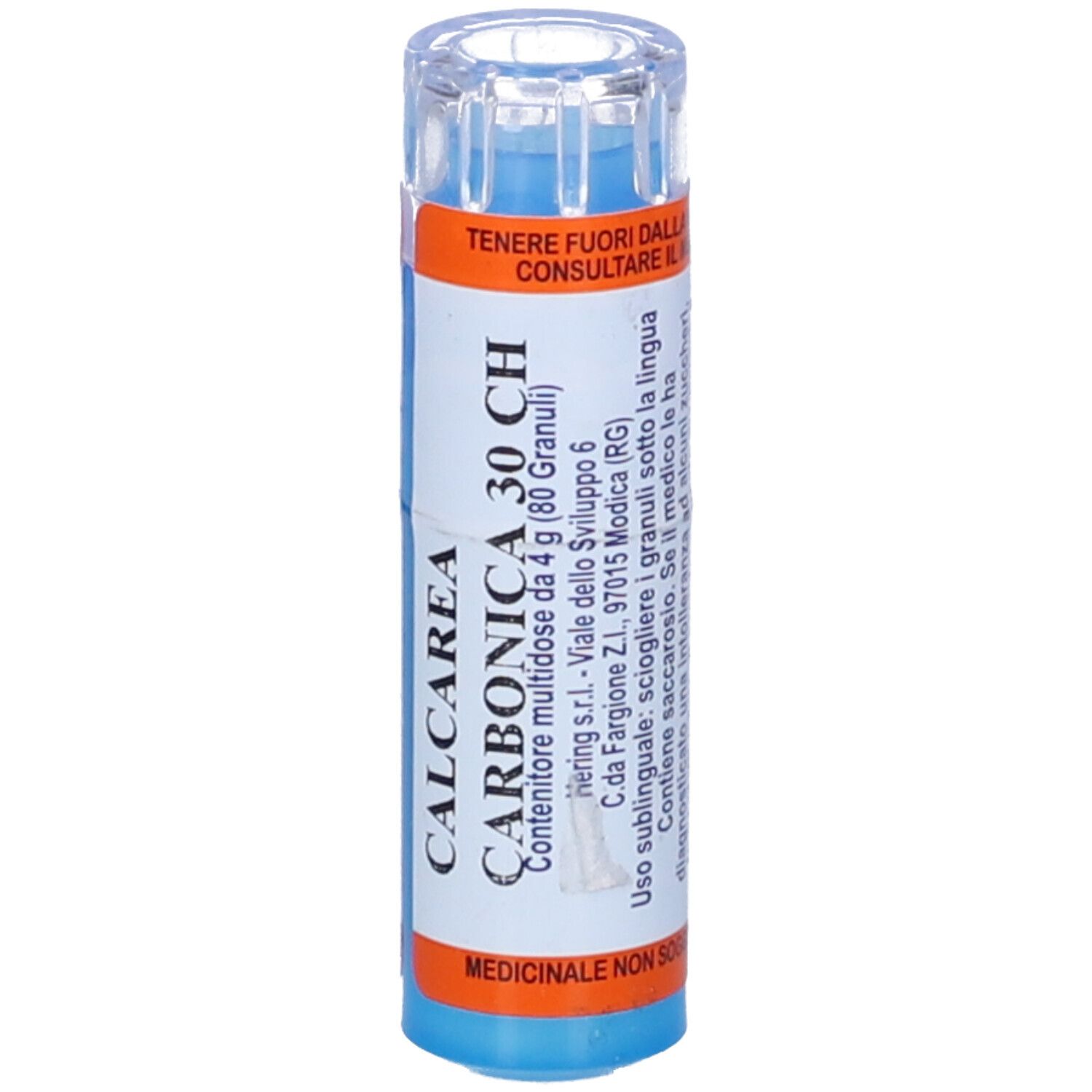 Flacone blu e bianco con CALCAREA CARBONICA 30 CH. Tappo trasparente. Etichette arancioni e blu.