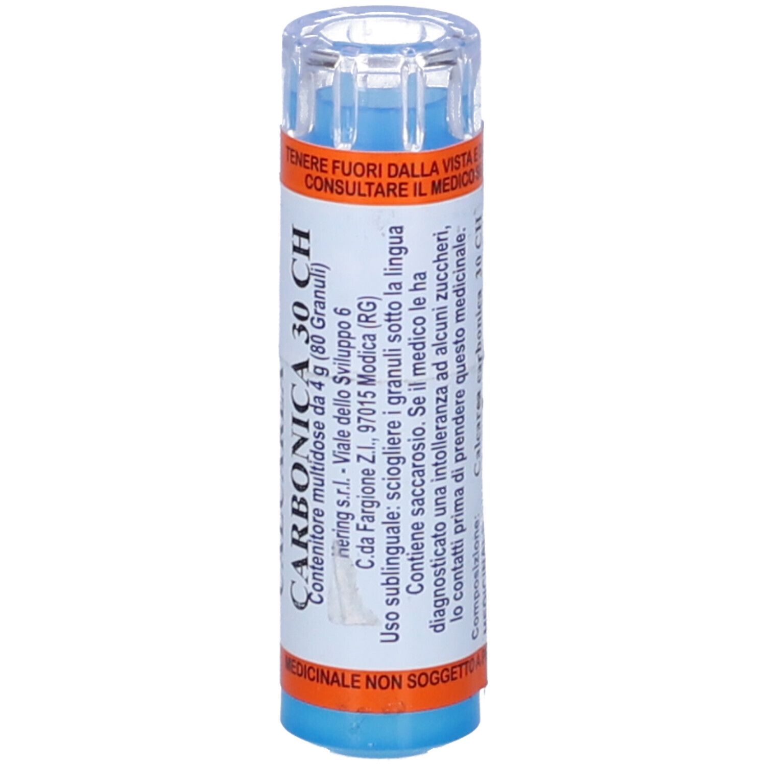Flacone blu e bianco con CALCAREA CARBONICA 30 CH. Tappo trasparente. Etichette arancioni e blu.