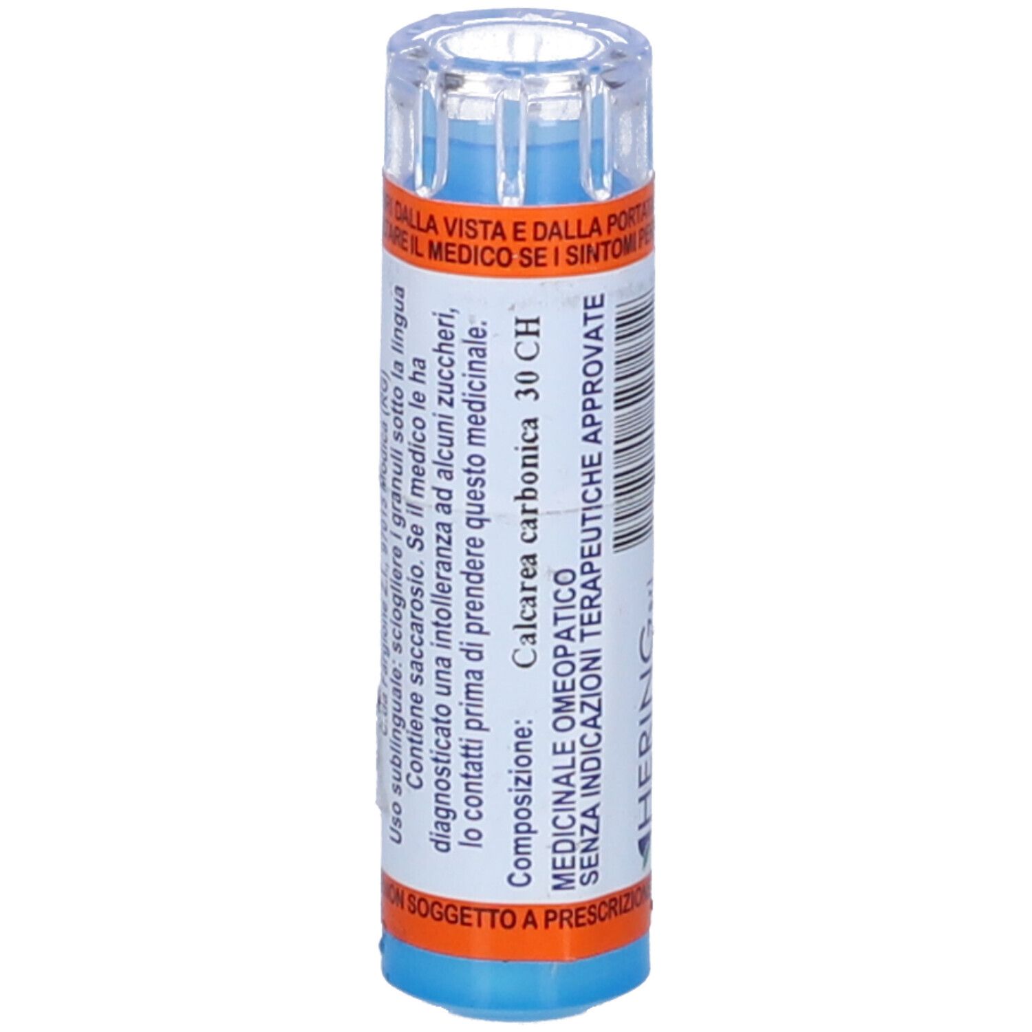 Flacone blu con etichetta bianca. HERING e CALCAREA CARBONICA 30 CH. Tappo trasparente. Strisce arancioni.