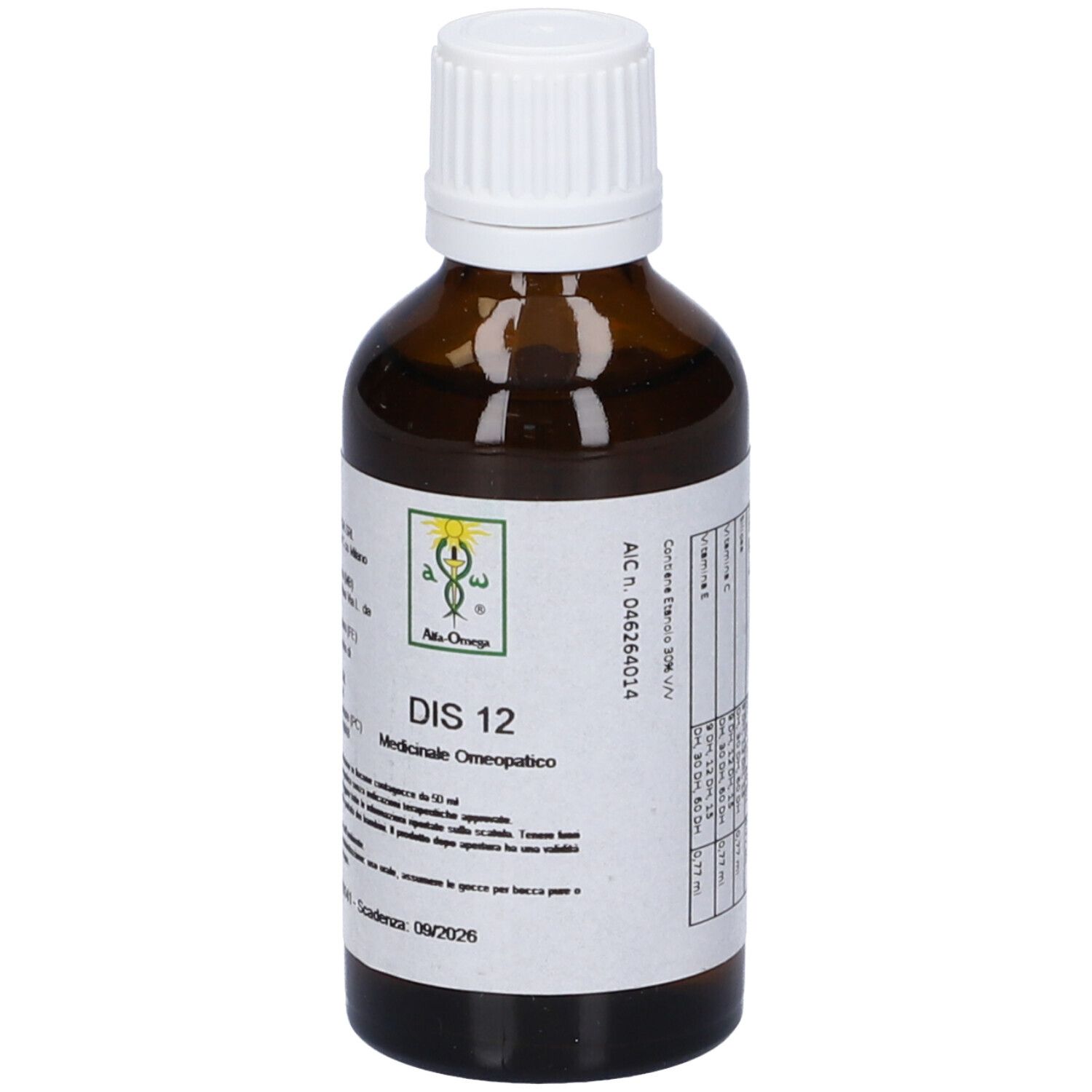Flacone di vetro marrone con tappo bianco. Etichetta con testo e logo. Nome prodotto: DIS 12. Gocce medicinali.