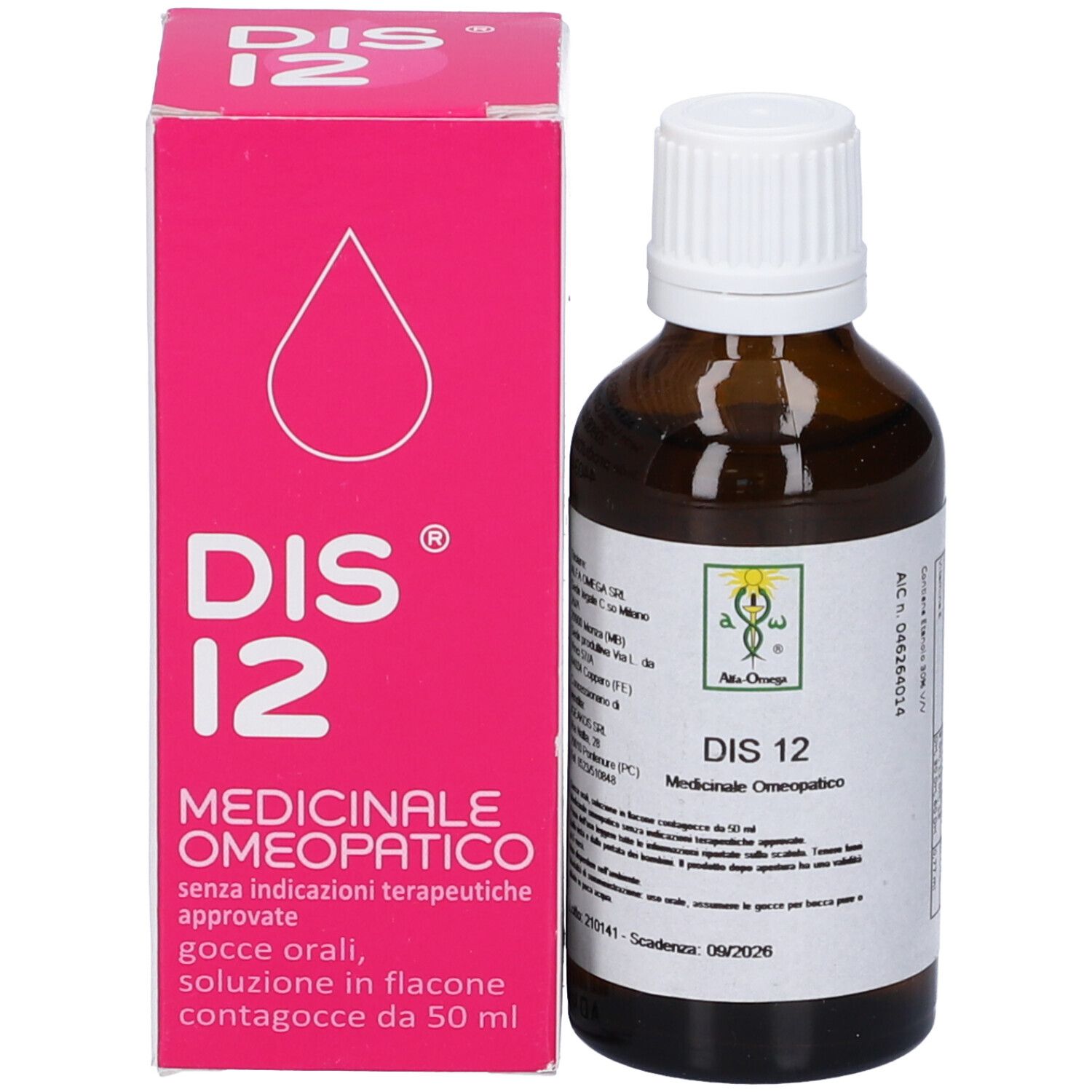 Flacone di vetro marrone con tappo bianco accanto a una scatola rosa. Sulla scatola c'è scritto DIS 12.