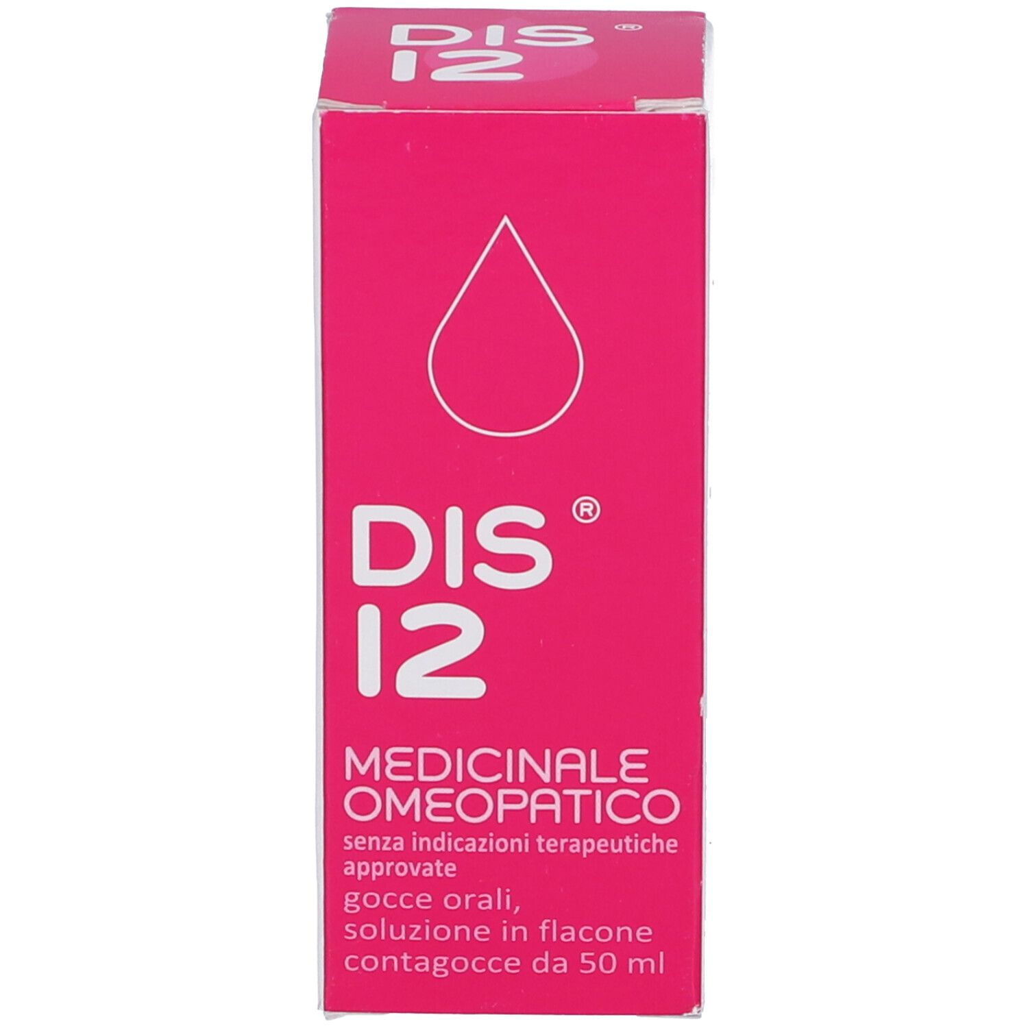 Scatola rosa con testo bianco. Sulla scatola c'è scritto DIS 12. Gocce medicinali.