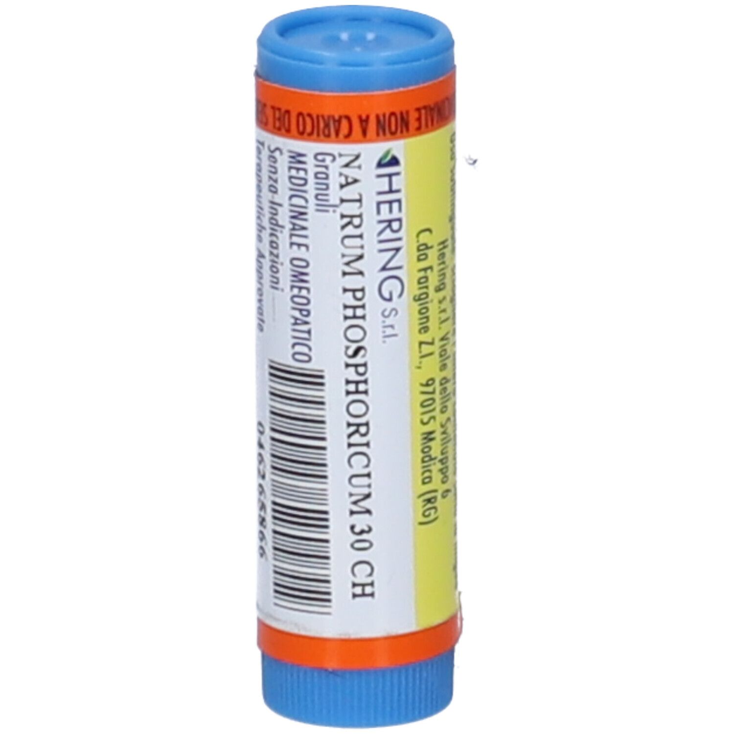 Contenitore cilindrico con tappo blu e anello arancione. Scritta: HERING Natrum Phosphoricum 30 CH.
