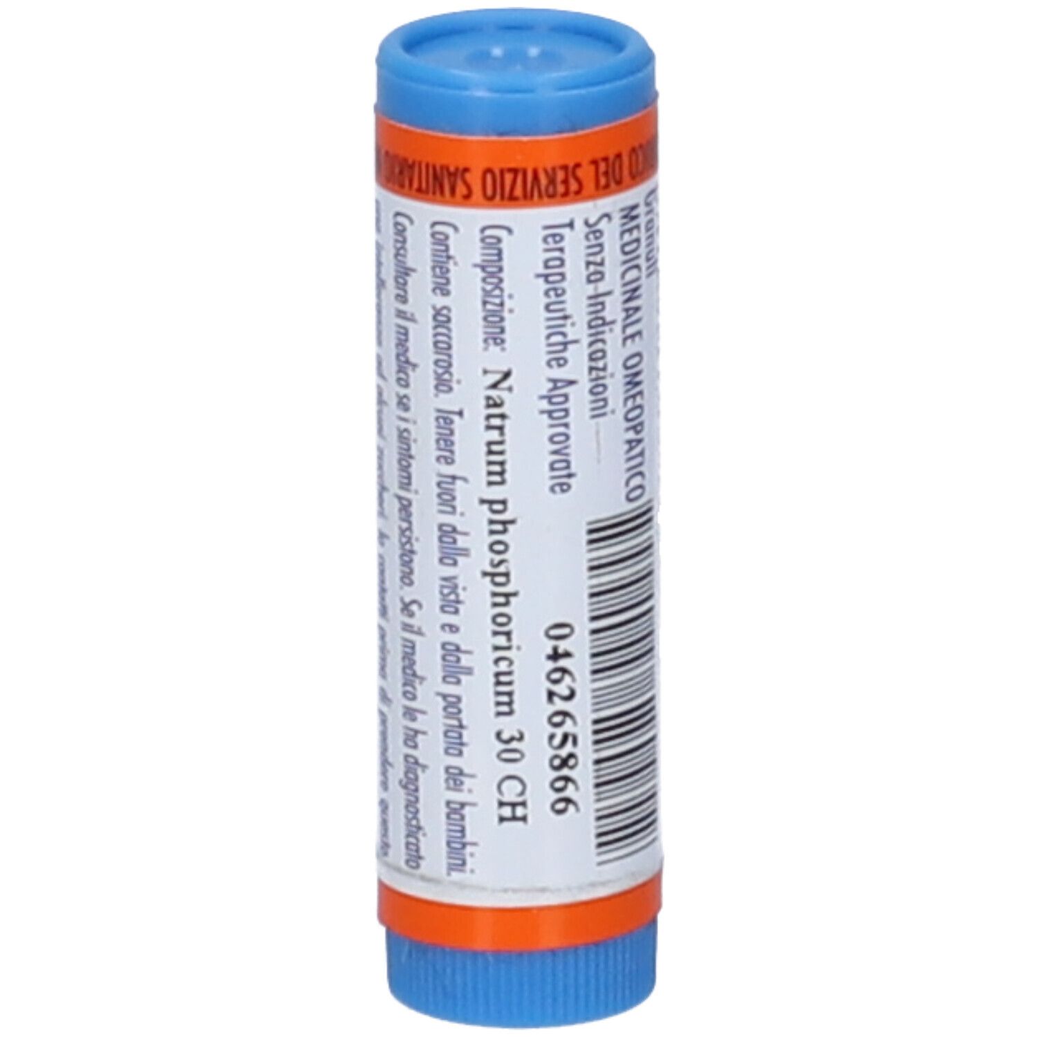 Contenitore cilindrico, blu-arancione. Testo: MEDICO OMEOPATICO, Natrum Phosphoricum 30 CH, 046265866.