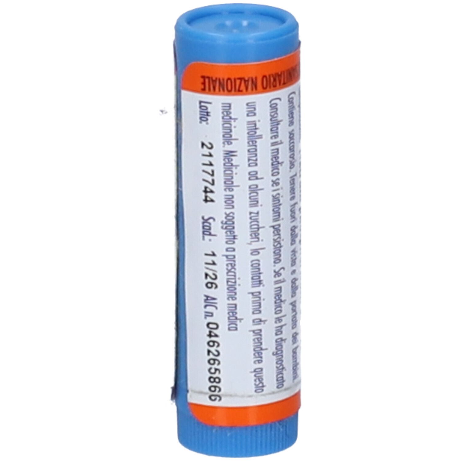 Contenitore cilindrico blu e arancione. Testo: Lot 2117744, scad. 11/26, AC n. 046265866.