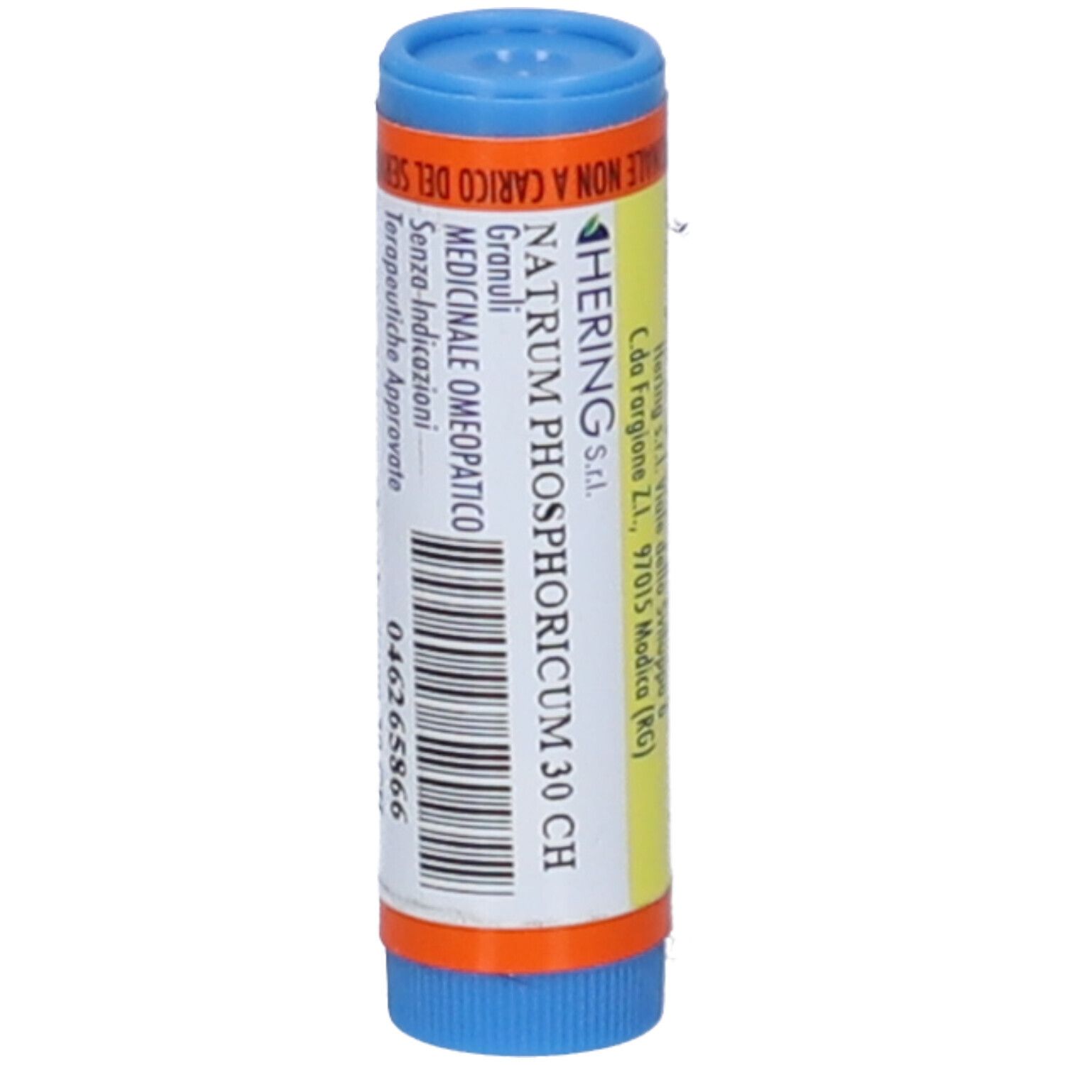 Contenitore cilindrico, blu-arancione. Testo: HERING, Natrum Phosphoricum 30 CH, Granuli, Medicinale Omeopatico.