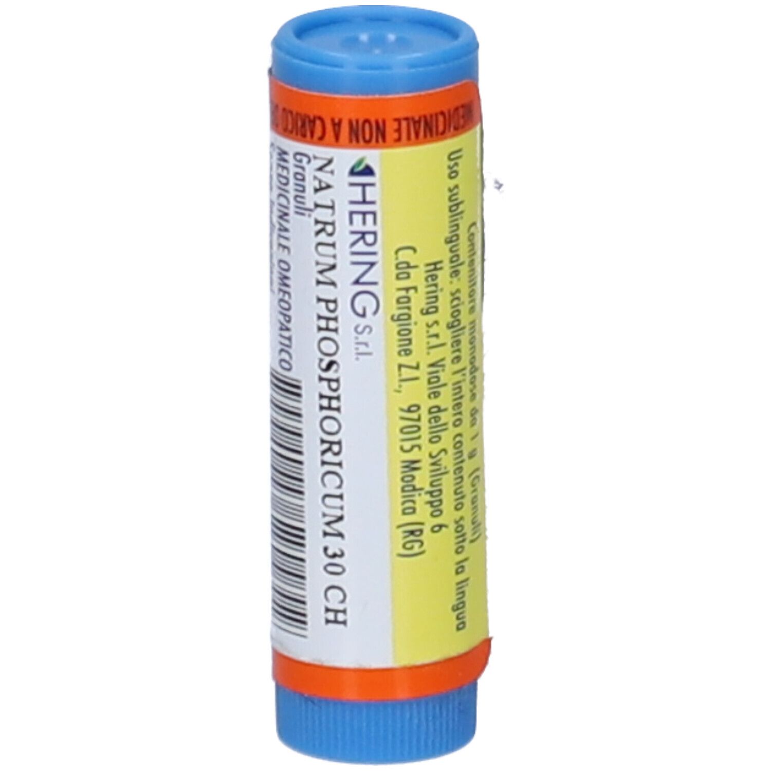 Contenitore cilindrico, blu-arancione. Testo: HERING, Natrum Phosphoricum 30 CH, Uso sublinguale.