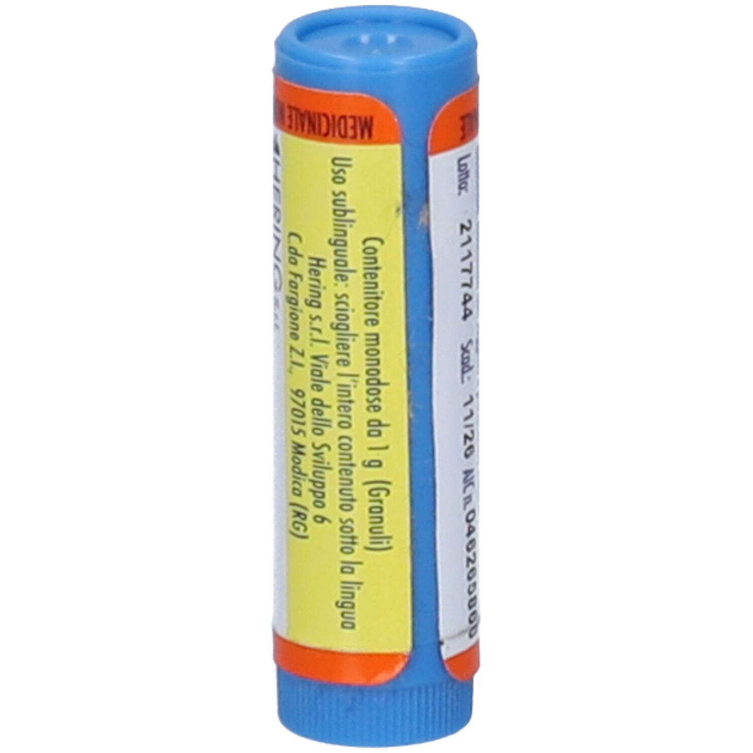 Contenitore cilindrico, blu-arancione. Testo: Contenitore monodose da 1 g (Granuli), HERING.