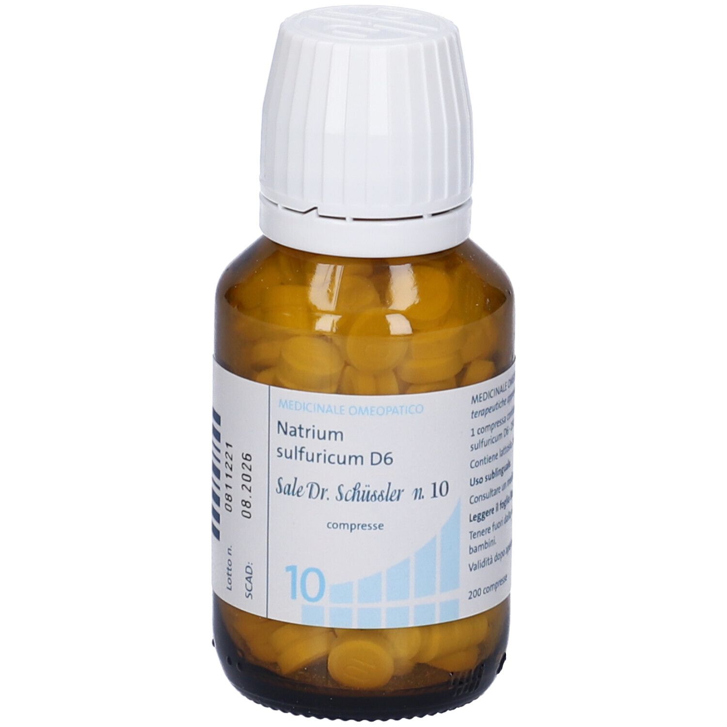 Flacone di vetro marrone con compresse bianche. Stampa: Natrium sulfuricum D6, Sale Dr. Schüssler n. 10, 10. Tappo bianco.