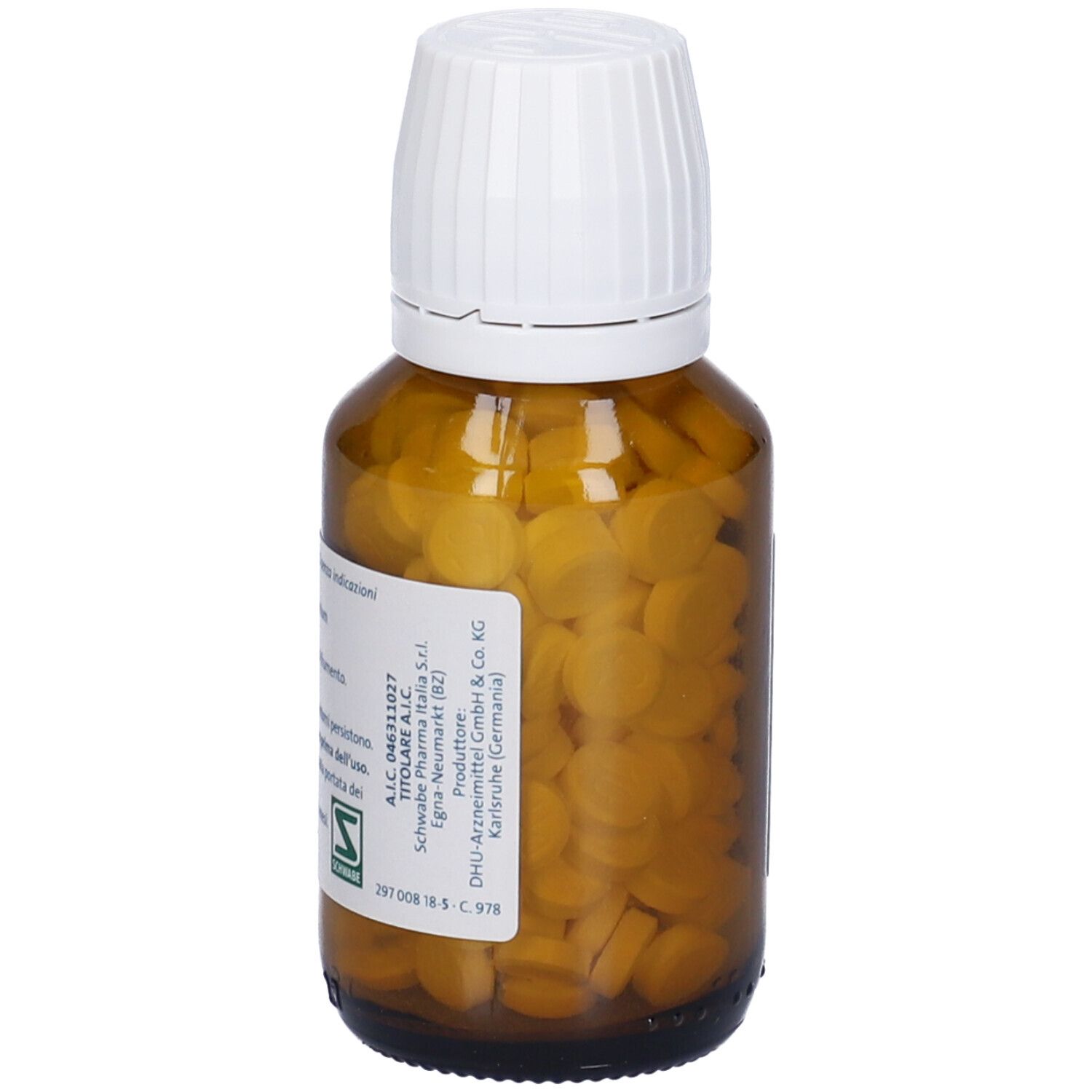 Flacone di vetro marrone con compresse bianche. Stampa: Natrium sulfuricum D6, Sale Dr. Schüssler n. 10, 10. Informazioni produttore.