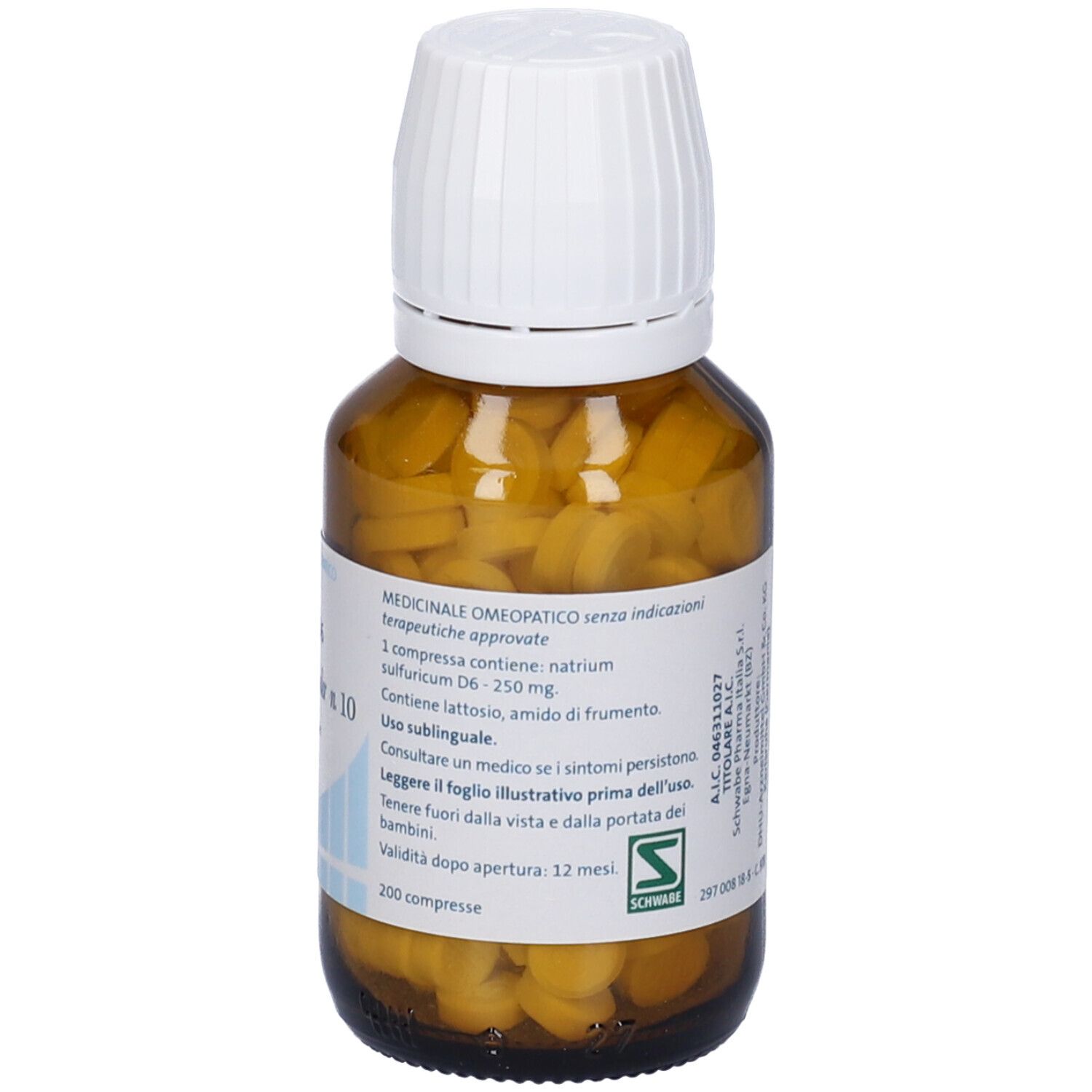Flacone di vetro marrone con compresse bianche. Stampa: Natrium sulfuricum D6, Sale Dr. Schüssler n. 10, 10. Informazioni prodotto.