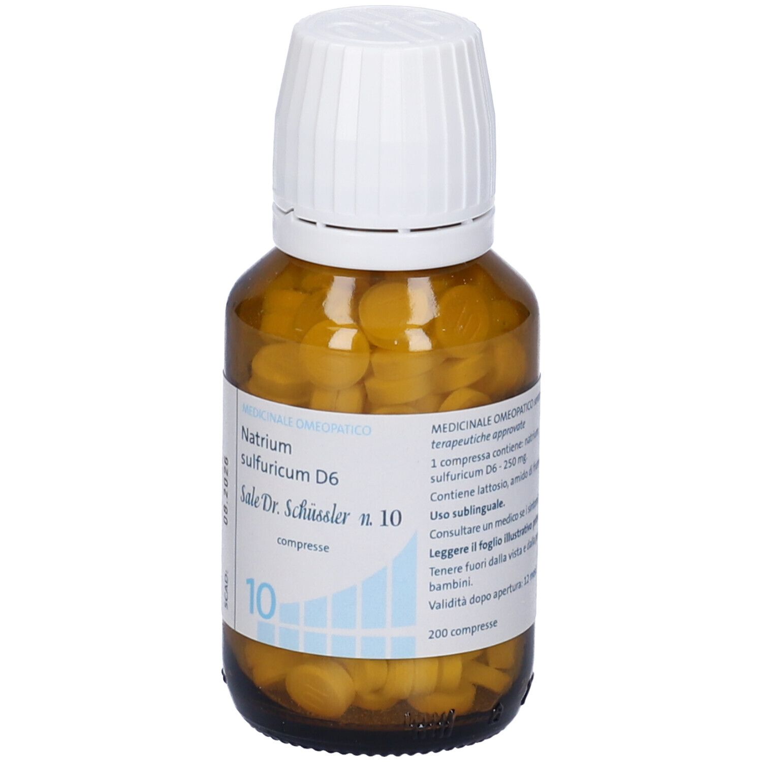 Flacone di vetro marrone con compresse bianche. Stampa: Natrium sulfuricum D6, Sale Dr. Schüssler n. 10, 10. Informazioni prodotto.