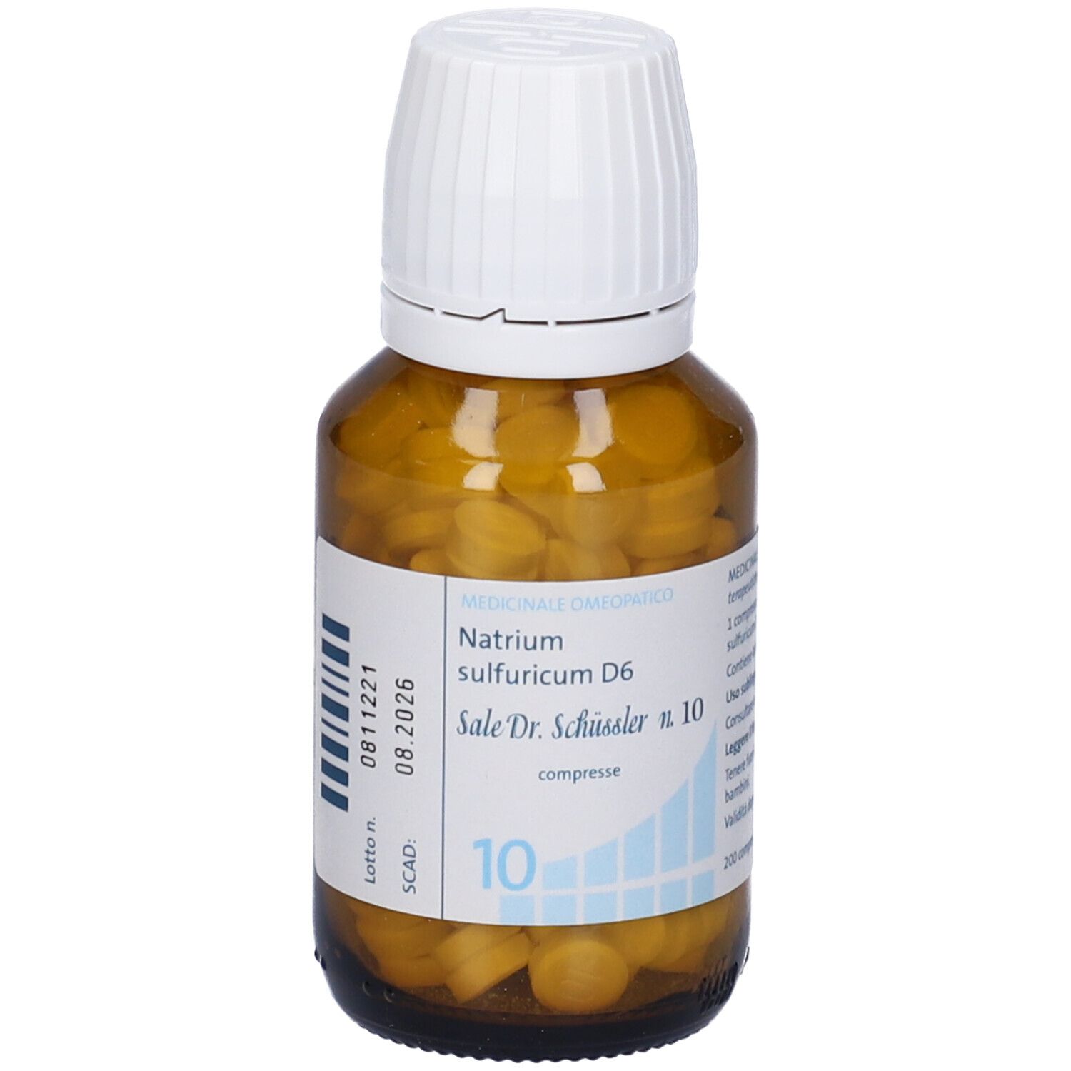 Flacone di vetro marrone con compresse bianche. Stampa: Natrium sulfuricum D6, Sale Dr. Schüssler n. 10, 10. Scadenza.