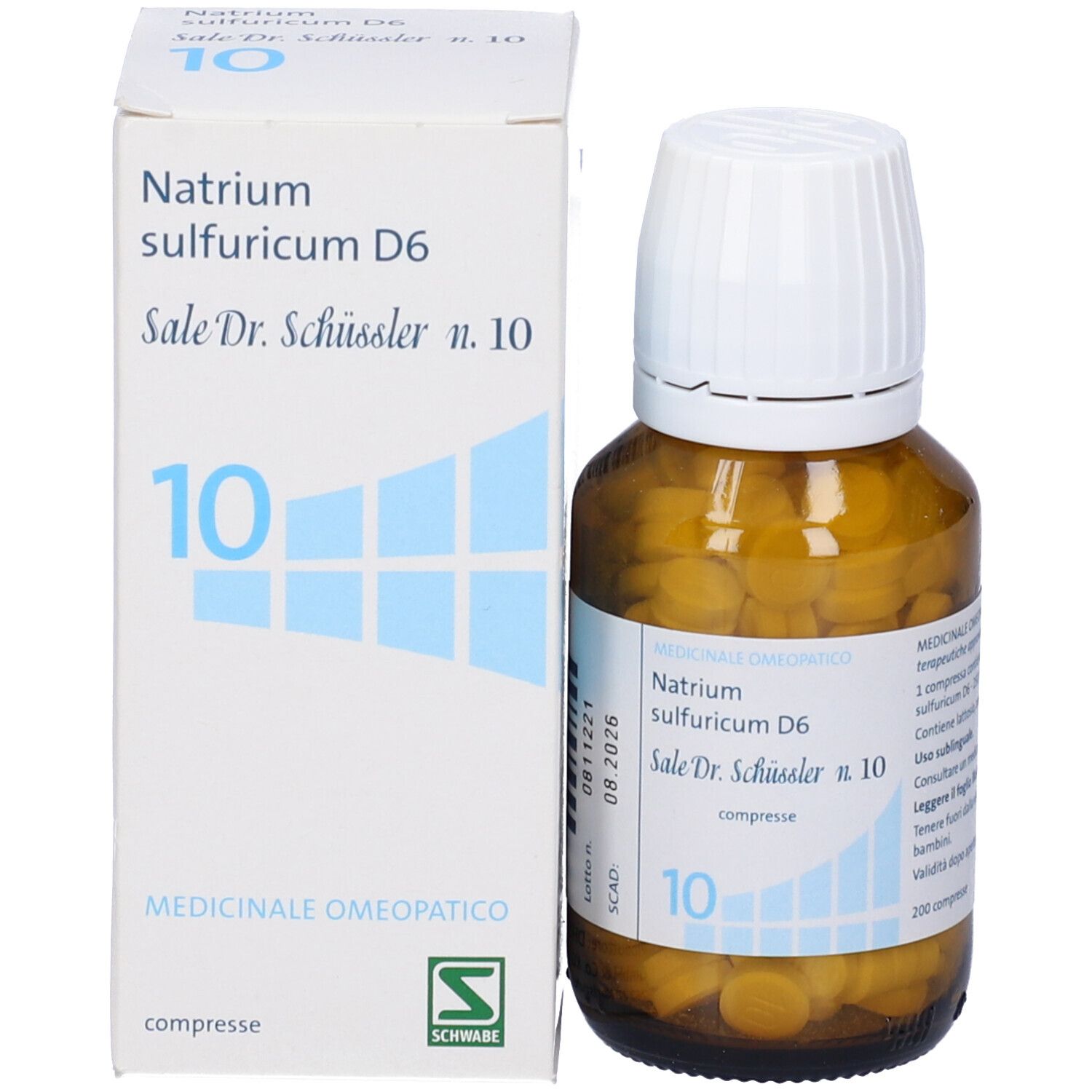 Confezione: scatola e flacone. Stampa: Natrium sulfuricum D6, Sale Dr. Schüssler n. 10, 10. Compresse nel flacone.