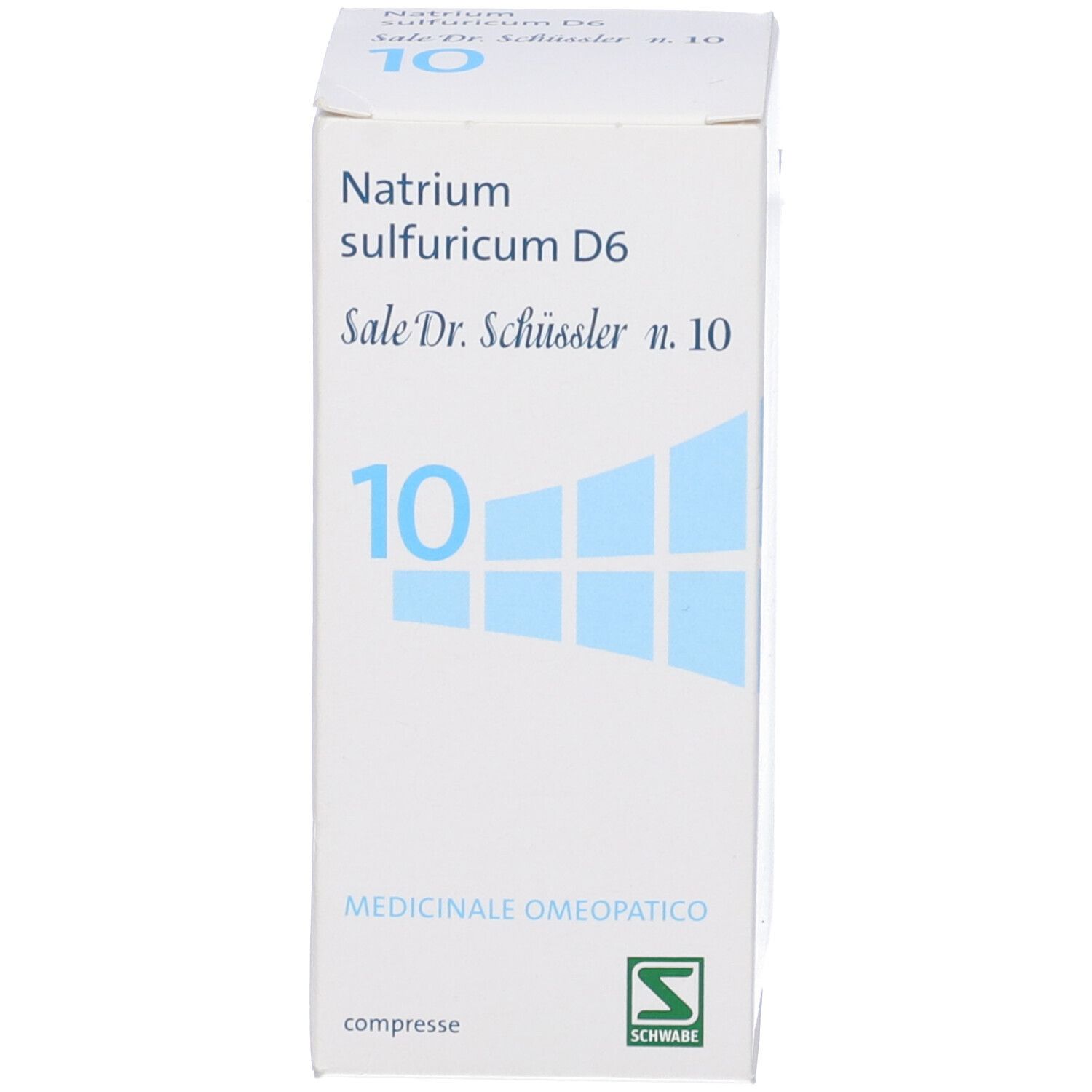 Scatola bianca con informazioni sul prodotto. Stampa: Natrium sulfuricum D6, Sale Dr. Schüssler n. 10, 10. Logo.