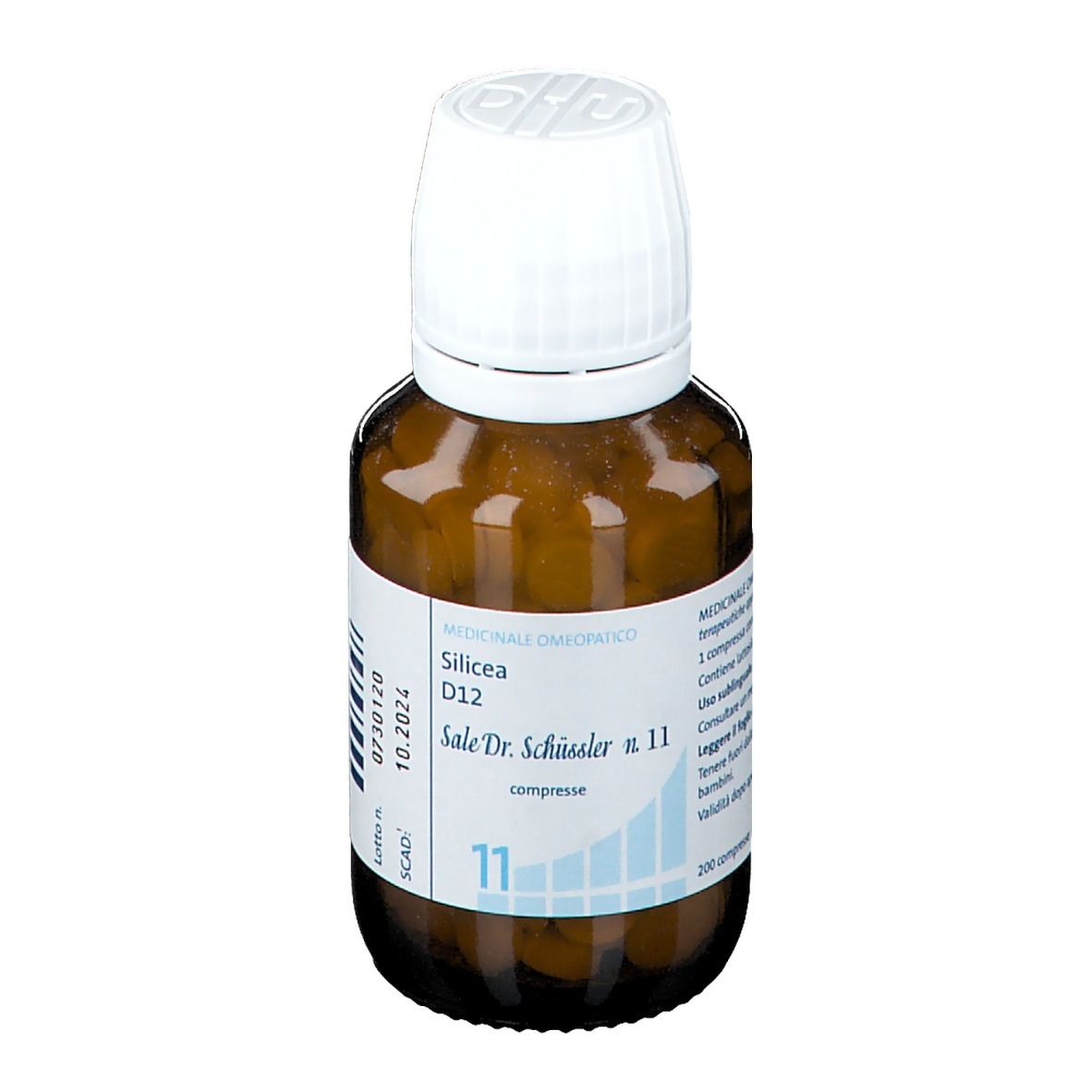 Flacone di vetro marrone con tappo bianco. Scritta Silicea D12, Sale Dr. Schüssler n. 11. Etichetta con informazioni.