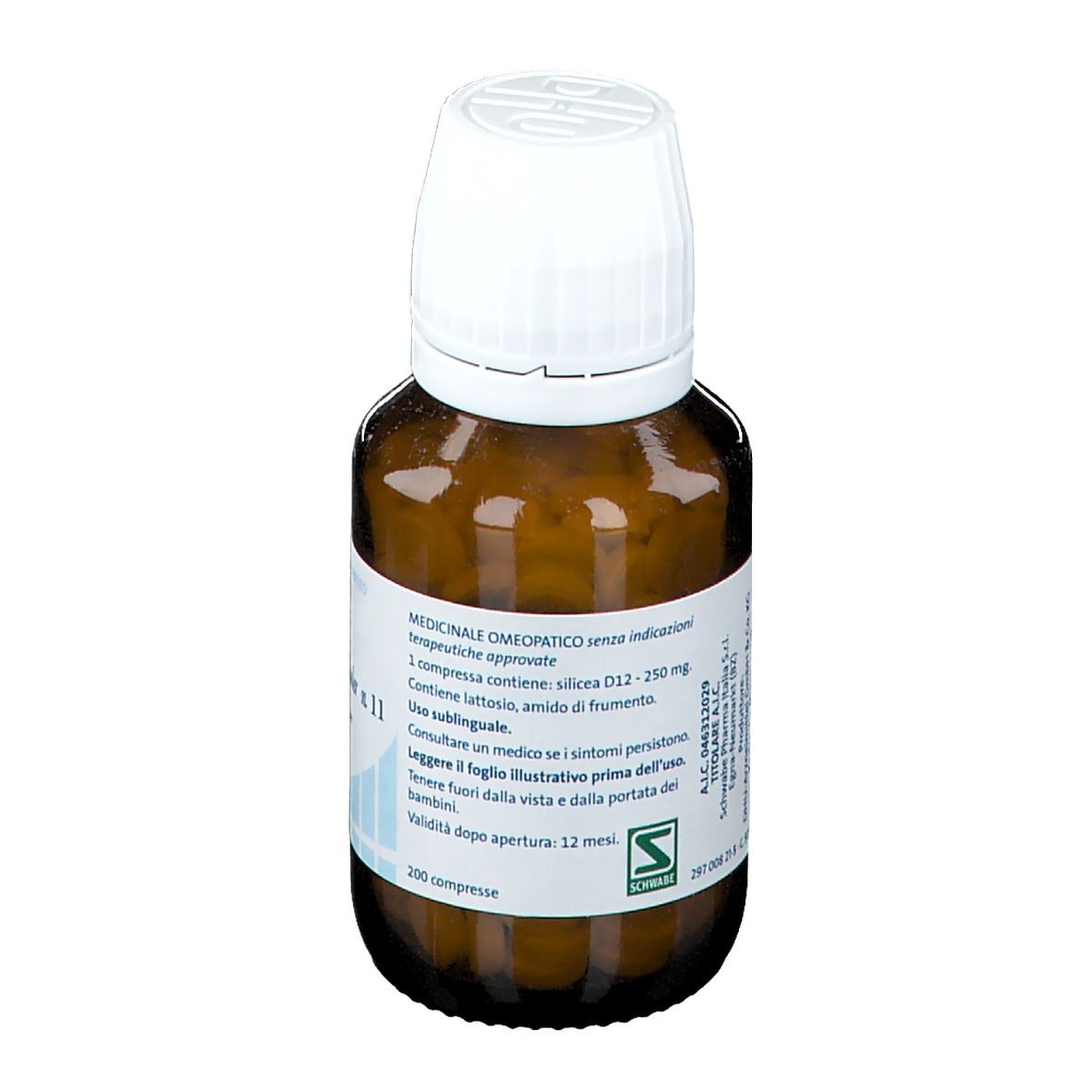 Flacone di vetro marrone con tappo bianco. Etichetta con informazioni. Scritta Silicea D12, Sale Dr. Schüssler n. 11. Retro.