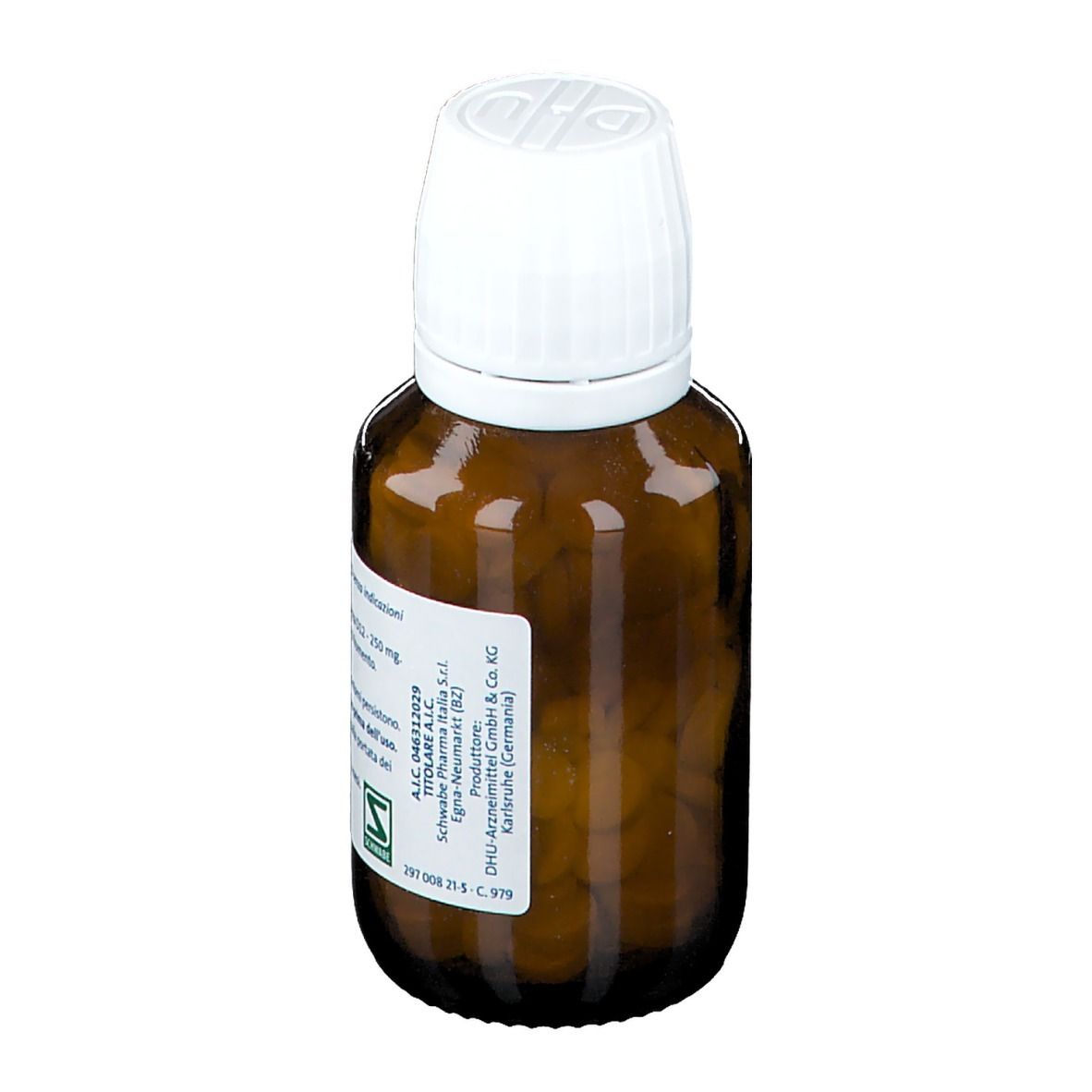 Flacone di vetro marrone con tappo bianco. Etichetta con informazioni. Scritta Silicea D12, Sale Dr. Schüssler n. 11. Primo piano.