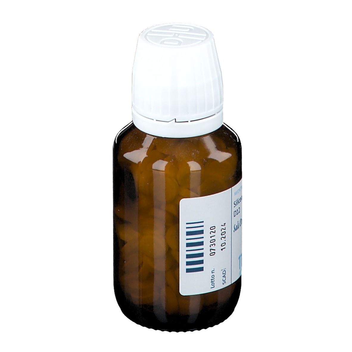Flacone di vetro marrone con tappo bianco. Etichetta con informazioni. Scritta Silicea D12, Sale Dr. Schüssler n. 11. Vista laterale.