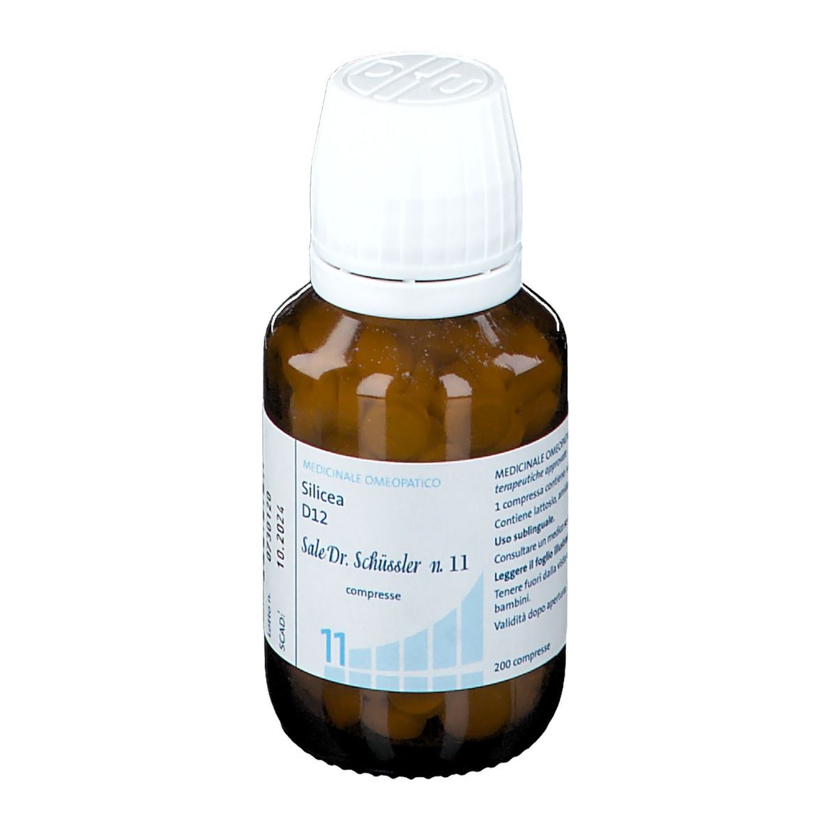 Flacone di vetro marrone con tappo bianco. Etichetta con informazioni. Scritta Silicea D12, Sale Dr. Schüssler n. 11. Vista posteriore.
