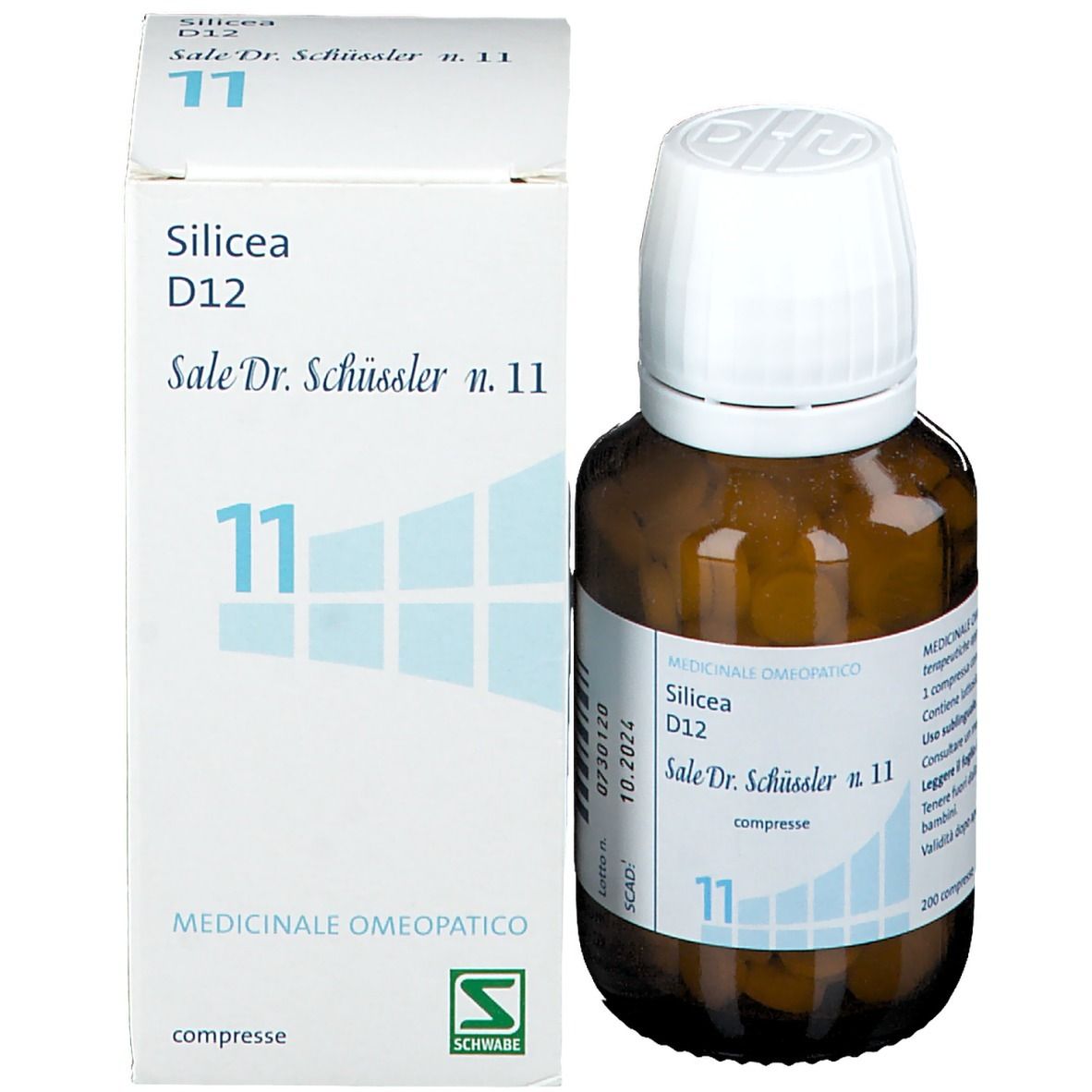 Flacone di vetro marrone e scatola. Scritta Silicea D12, Sale Dr. Schüssler n. 11. Compresse. Confezione.