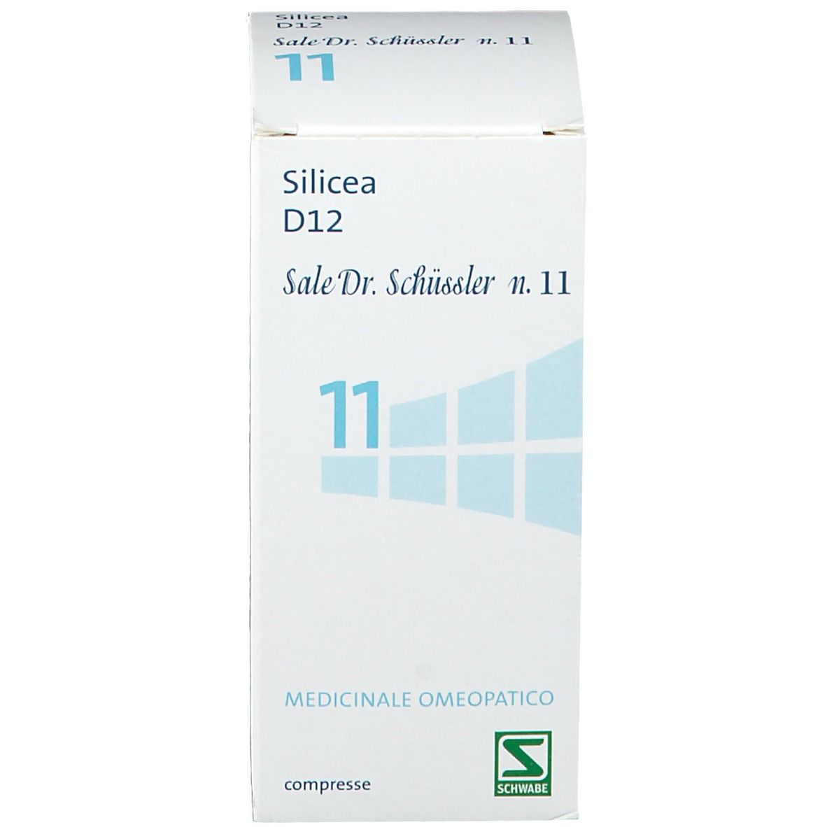 Scatola bianca. Scritta Silicea D12, Sale Dr. Schüssler n. 11. Logo. Confezione.