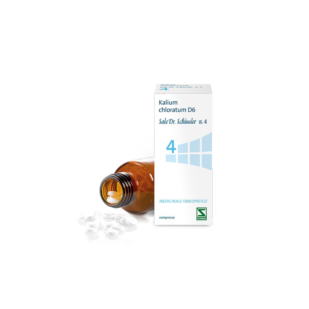 Flacone di vetro marrone e scatola con compresse. Sulla scatola: Kalium chloratum D6 Sale Dr. Schüssler n.4.
