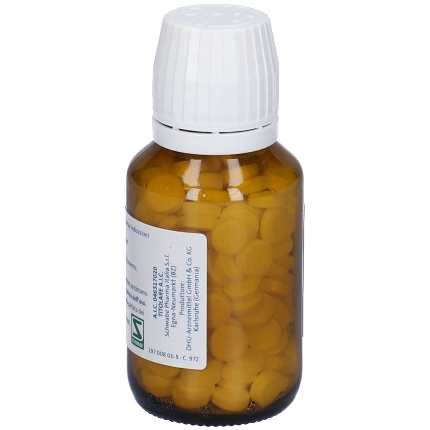 Flacone di vetro marrone con compresse. Sull'etichetta: Kalium chloratum D6, informazioni produttore e numero di lotto.