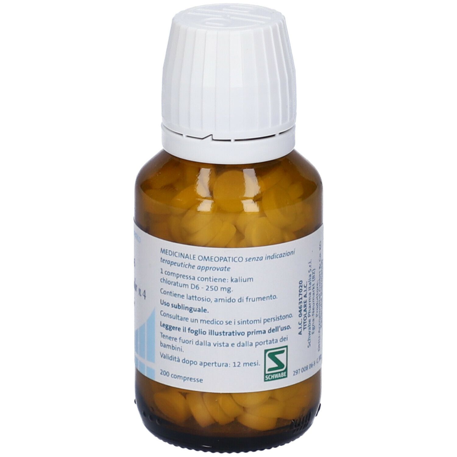 Flacone di vetro marrone con compresse. Sull'etichetta: Kalium chloratum D6, ingredienti e istruzioni per l'uso.