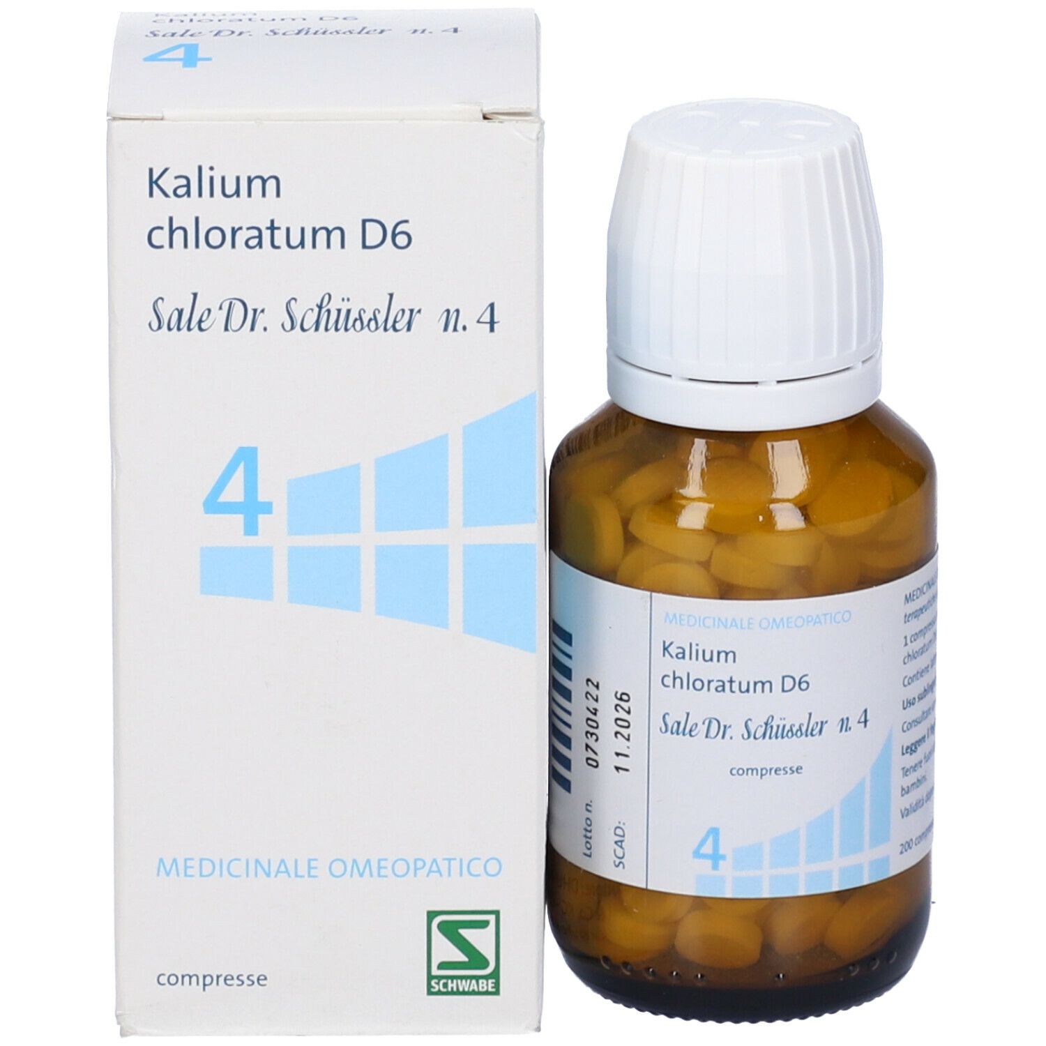 Scatola e flacone con compresse. Sulla scatola: Kalium chloratum D6 Sale Dr. Schüssler n.4, compresse.